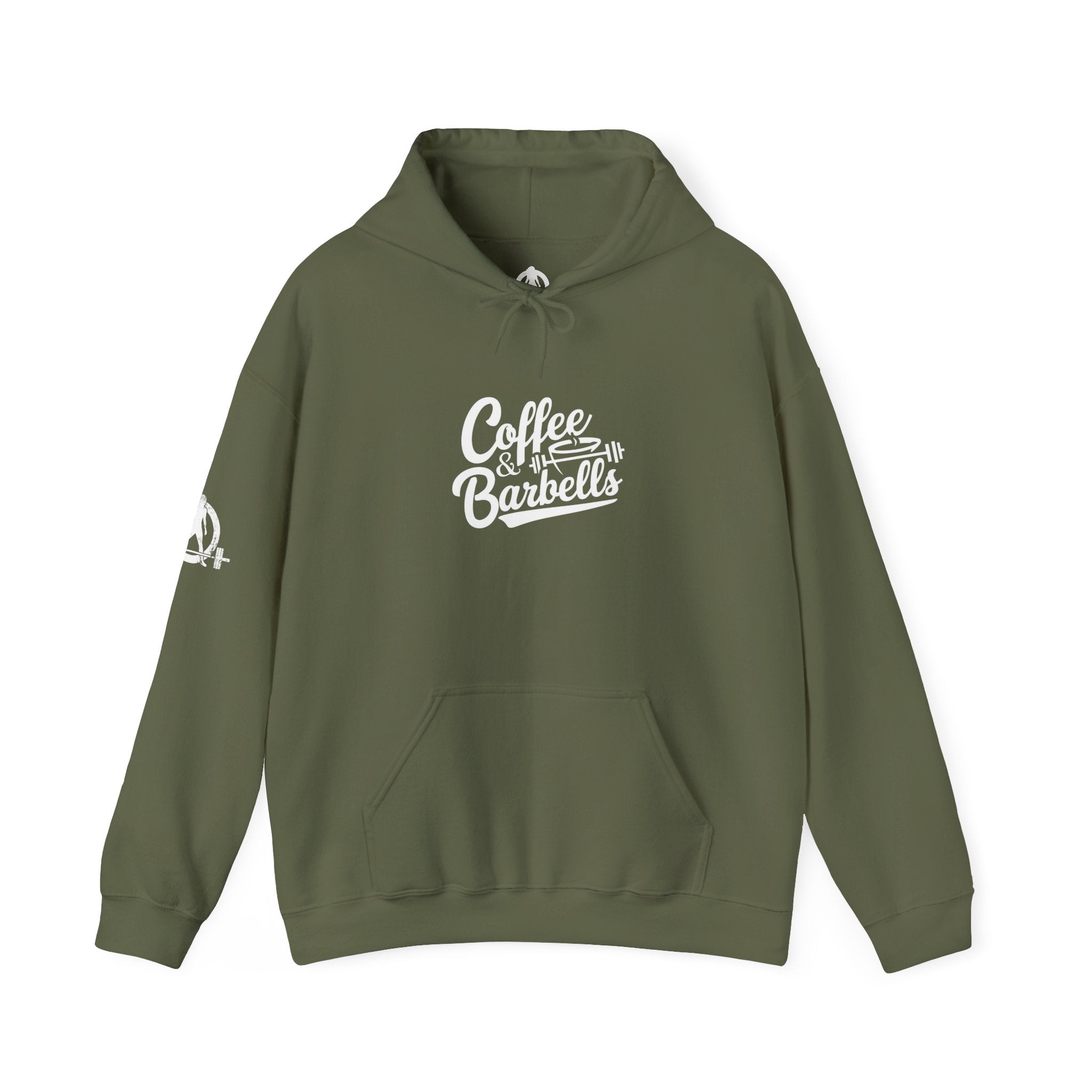 Coffee & Barbells - Unisex Heavy Blend Hooded Sweatshirt - White Logo on Front & Right Sleeve
