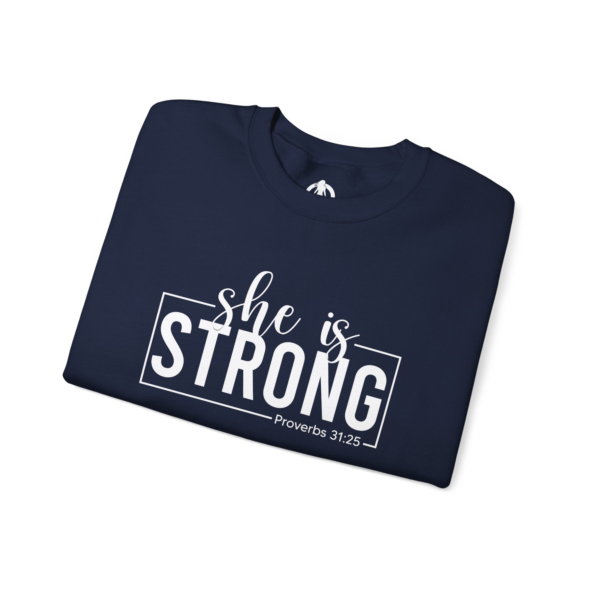 She is STRONG - Unisex Heavy Blend™ Crewneck Sweatshirt - Front White Logo - Plain Back