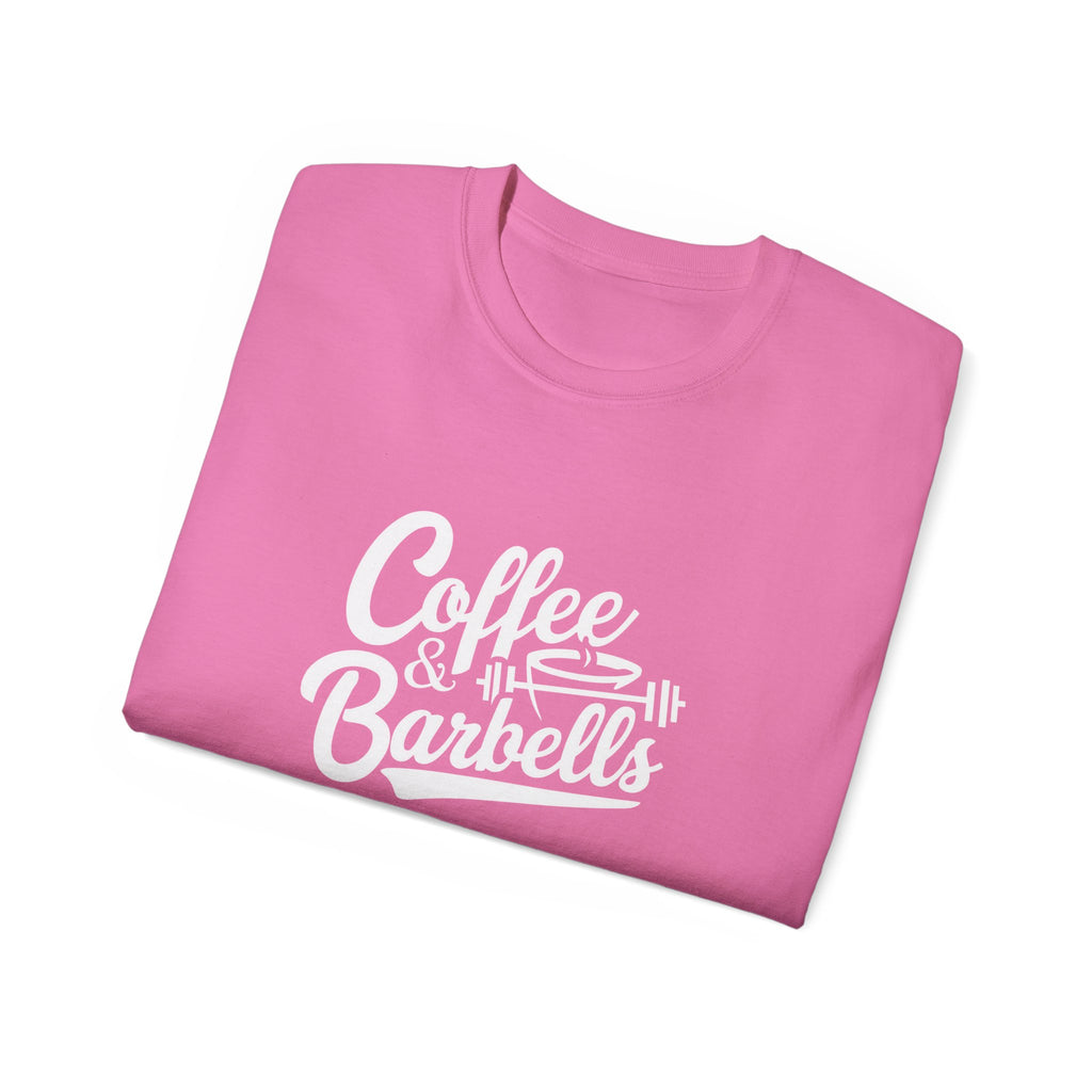 Coffee & Barbells - Unisex Ultra Cotton Tee - Front White Logo - Plain Back