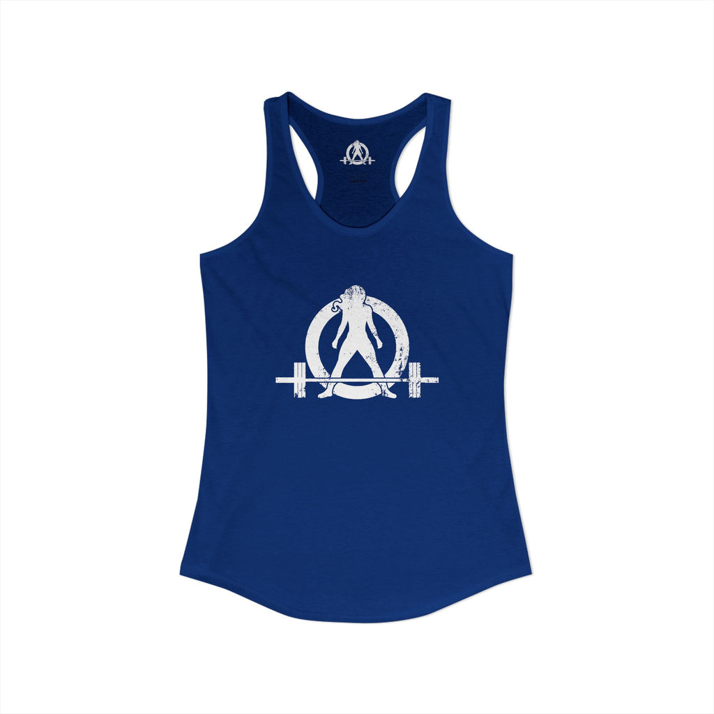 Cardio?  Lift Weights Faster - Distressed White Logo - Ideal Racerback Tank - Front & Back