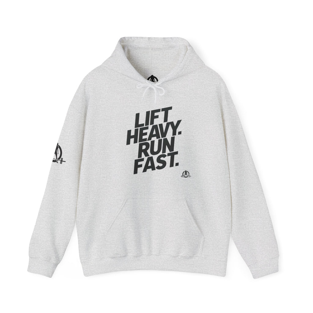 Lift Heavy Run Fast - Unisex Heavy Blend Hooded Sweatshirt - Front White Logo