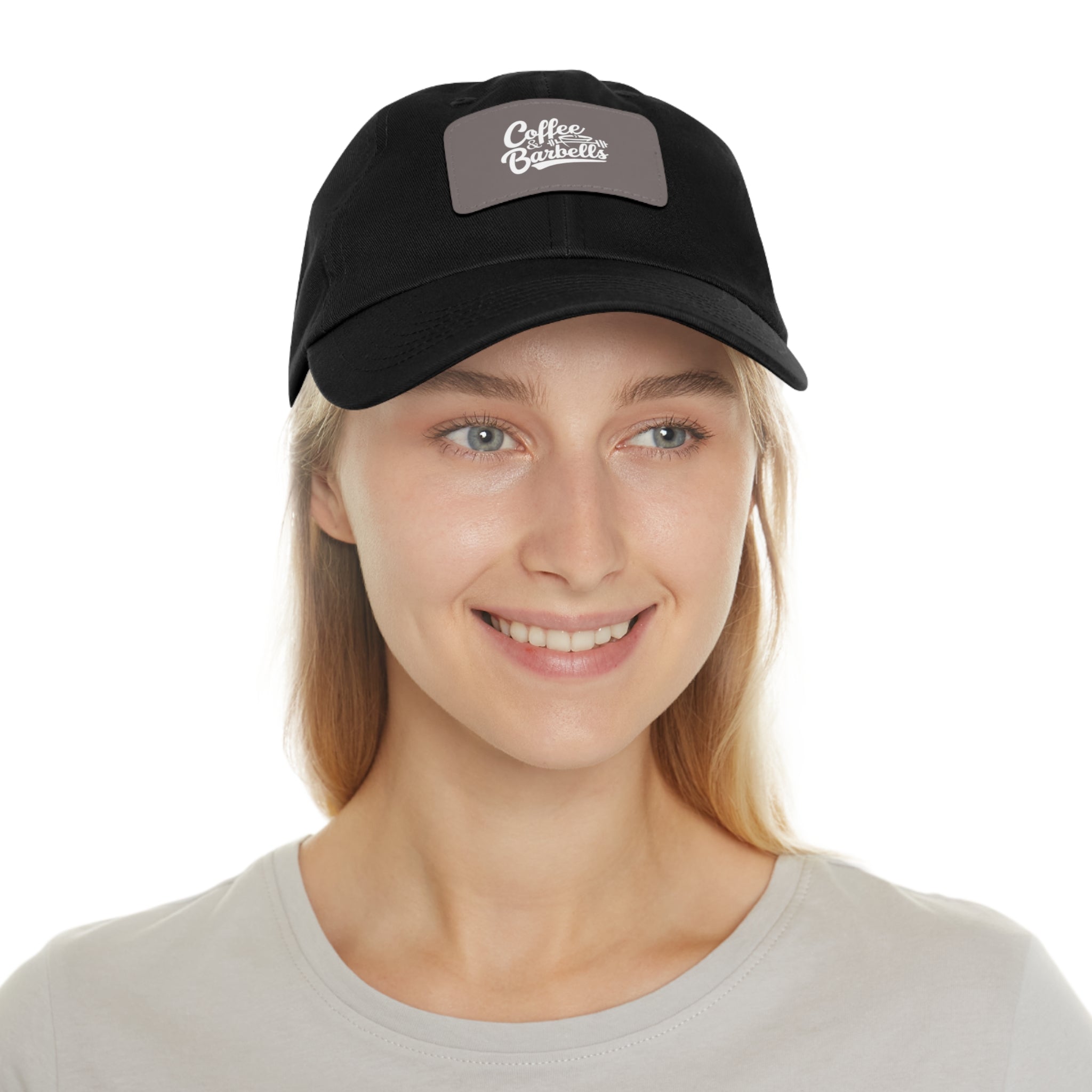 Coffee & Barbells - Dad Hat with Leather Patch (Rectangle) - White Font
