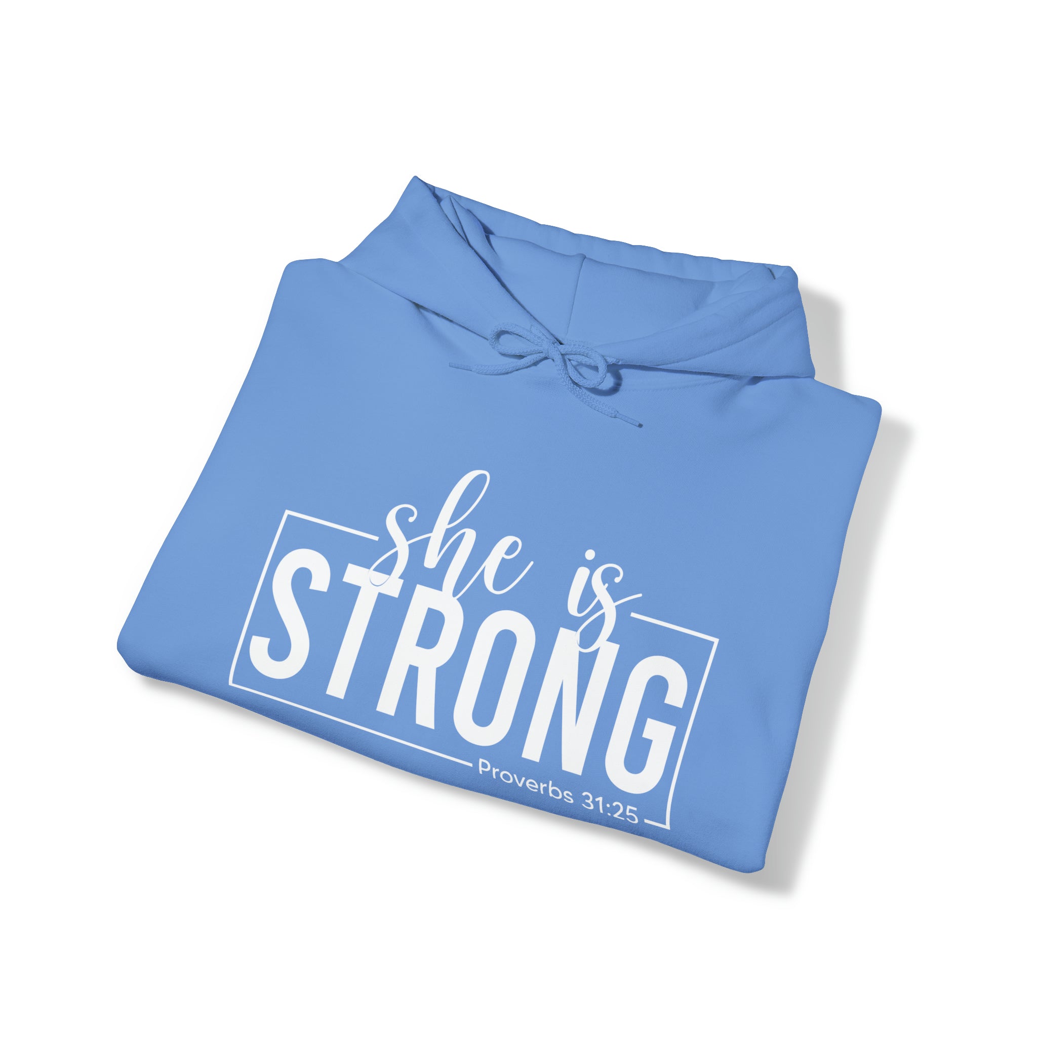 She is STRONG - Unisex Heavy Blend Hooded Sweatshirt - White Logo -  Plain Back