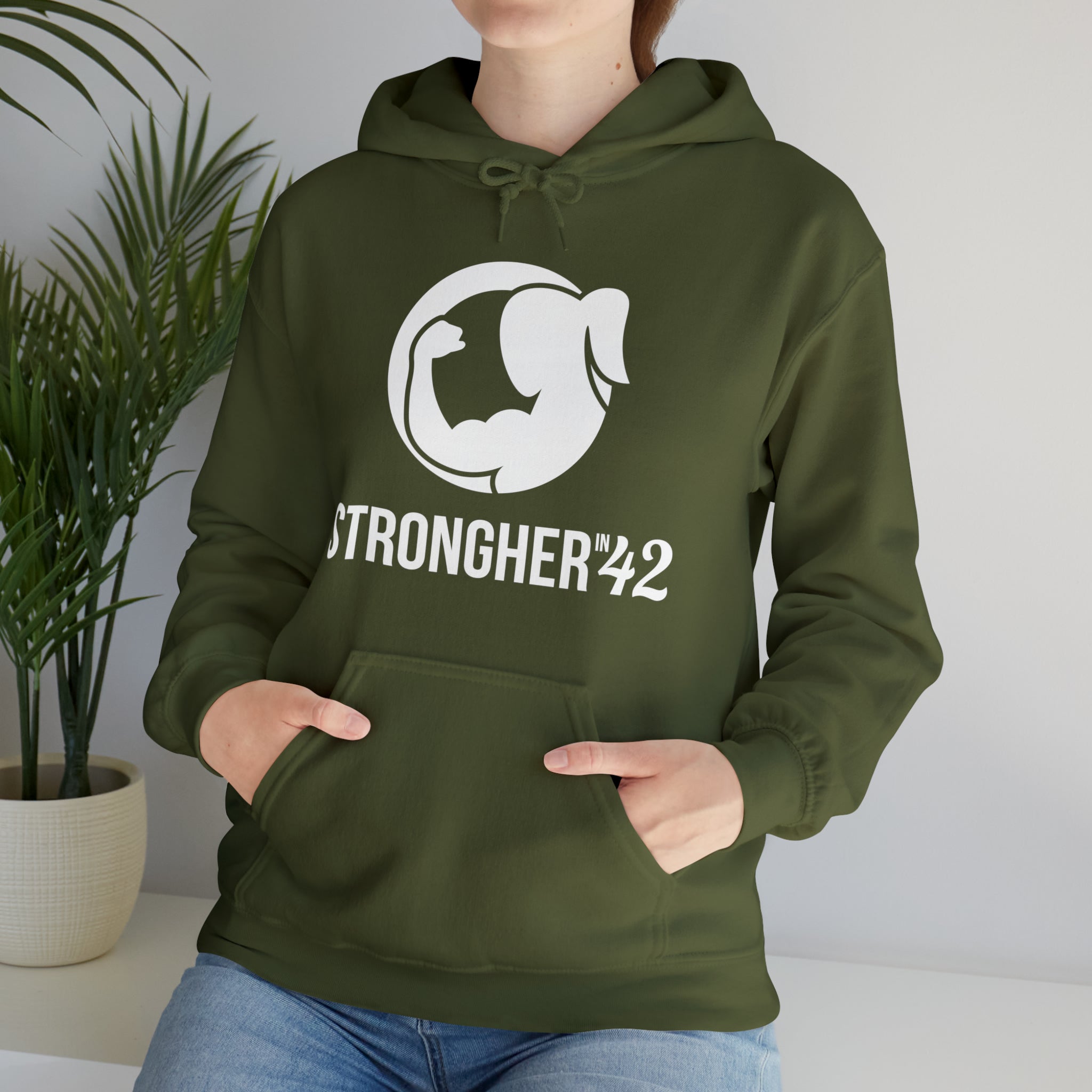 Strong Her in 42 - Classic Logo White - Unisex Heavy Blend Hooded Sweatshirt