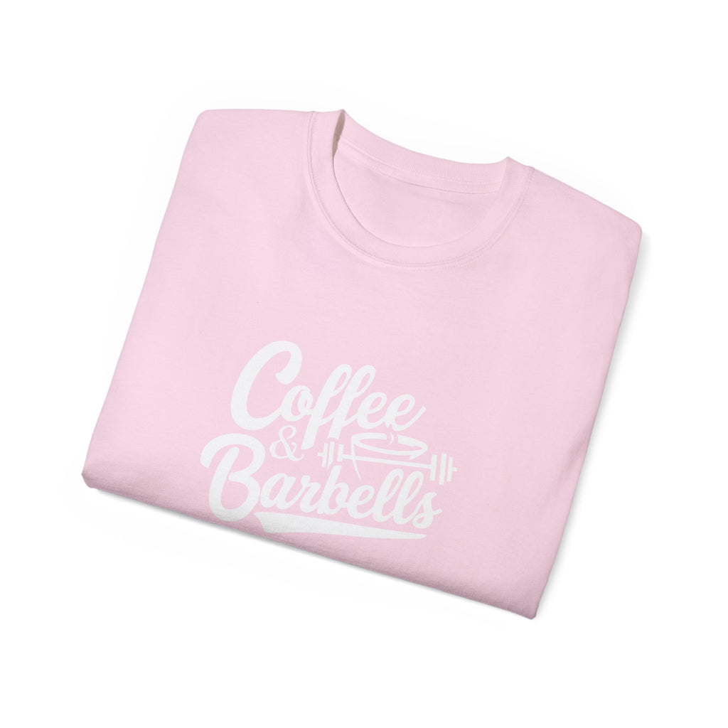 Coffee & Barbells - Unisex Ultra Cotton Tee - Front White Logo - Plain Back