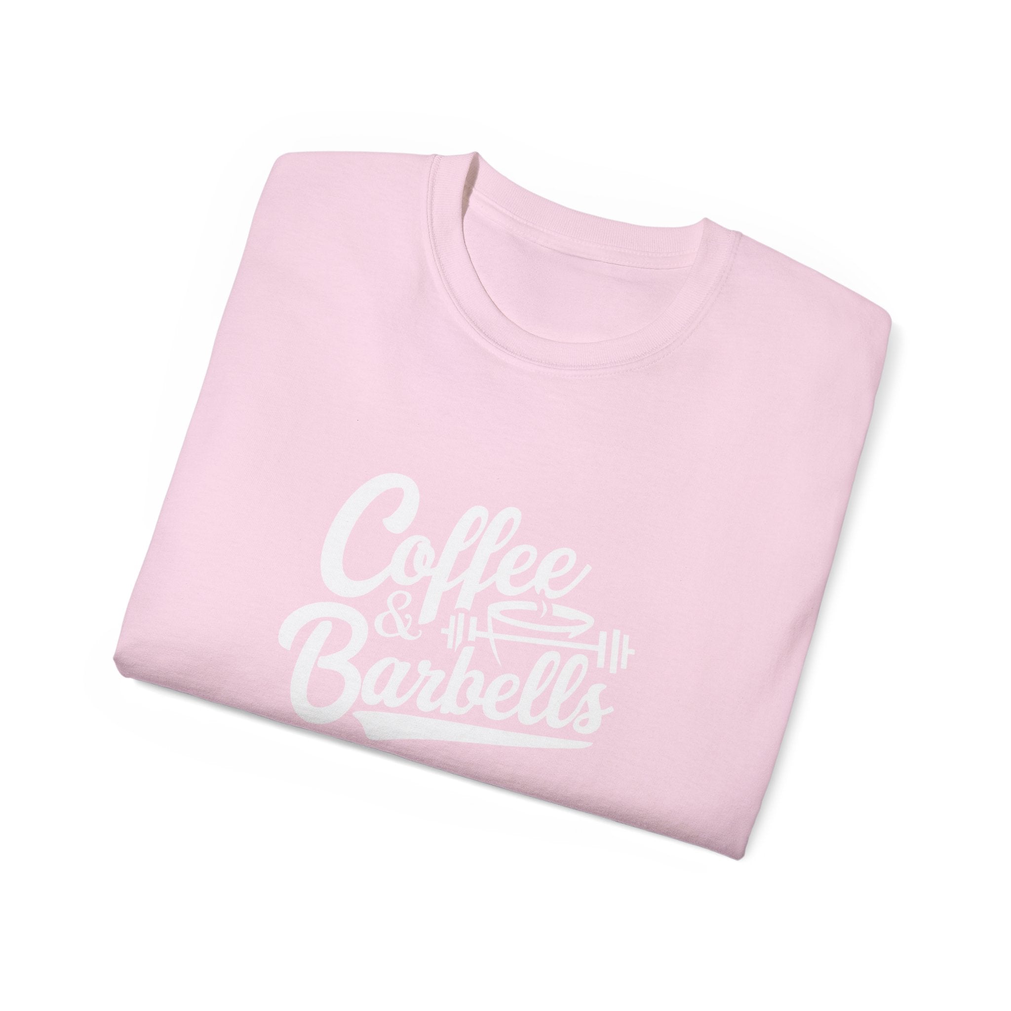 Coffee & Barbells - Unisex Ultra Cotton Tee - Front White Logo - Plain Back