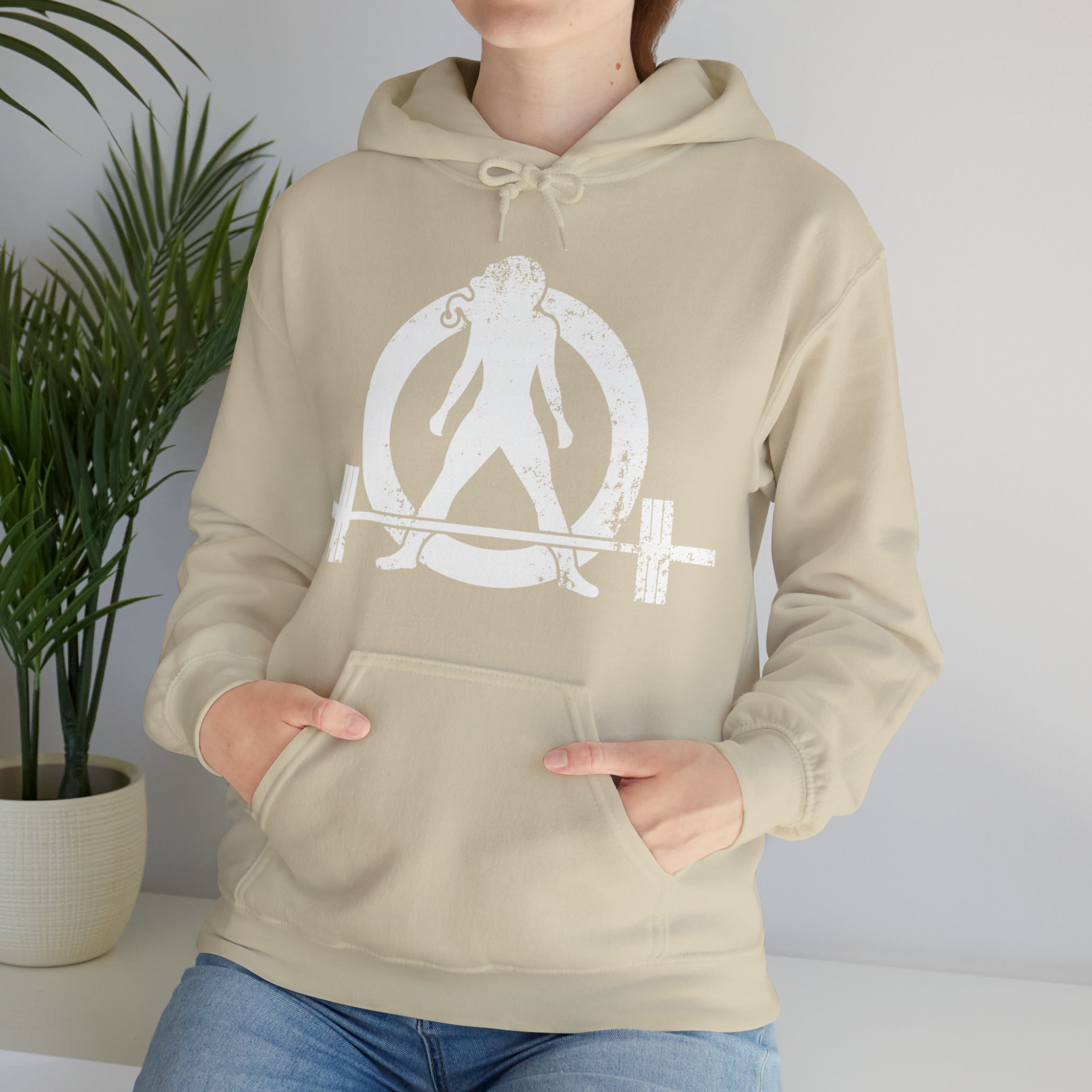 COFFEE and a Barbell  - Distressed White Logo  - Unisex Heavy Blend Hooded Sweatshirt