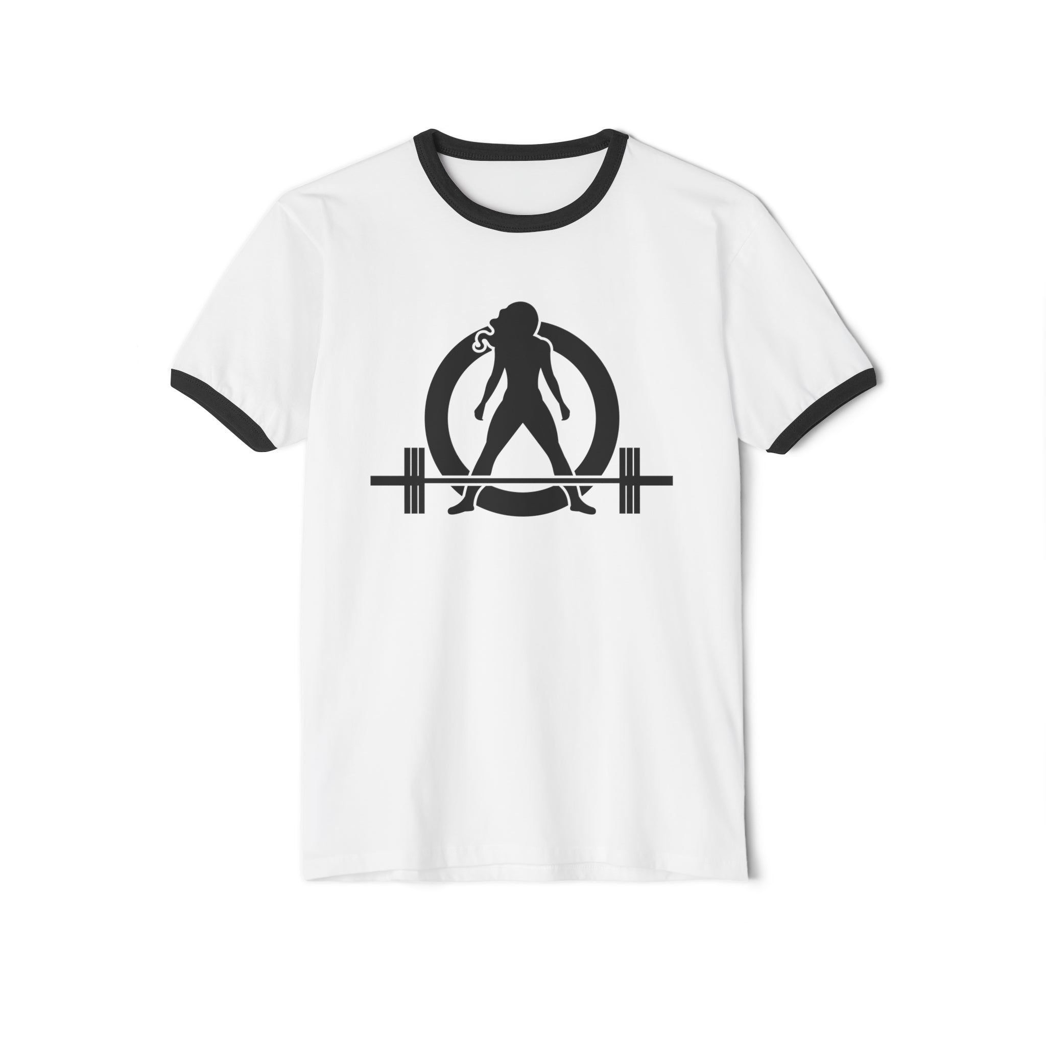 45 + 45 - Unisex Cotton Ringer T-Shirt - Black Logo Front & Back