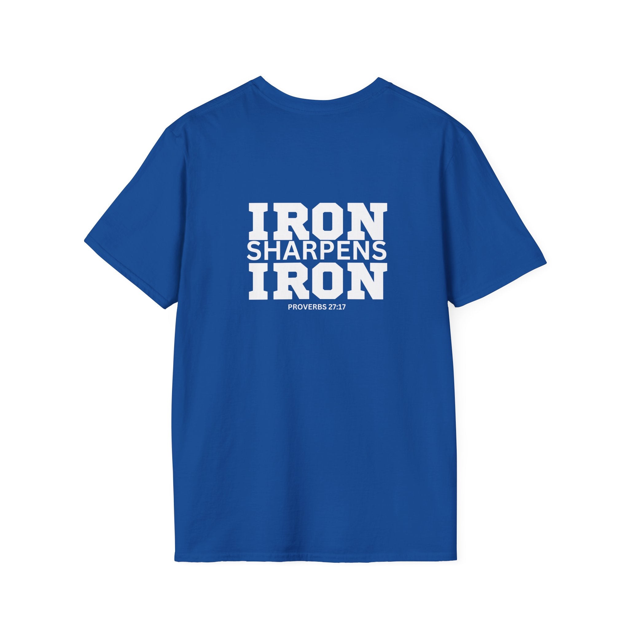 Iron Sharpens Iron - Unisex Softstyle T-Shirt - White Logo Front & Back