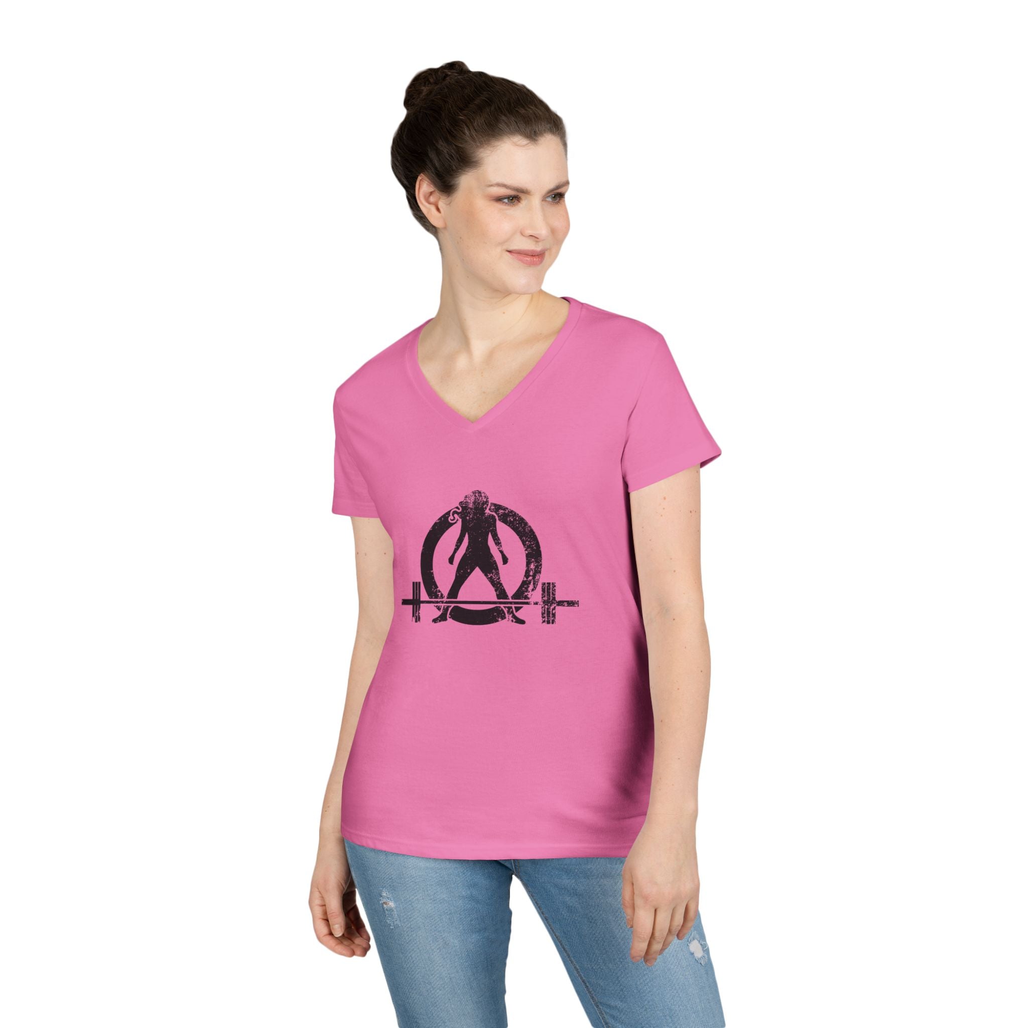 Ladies' V-Neck T-Shirt - Distressed Black Logo