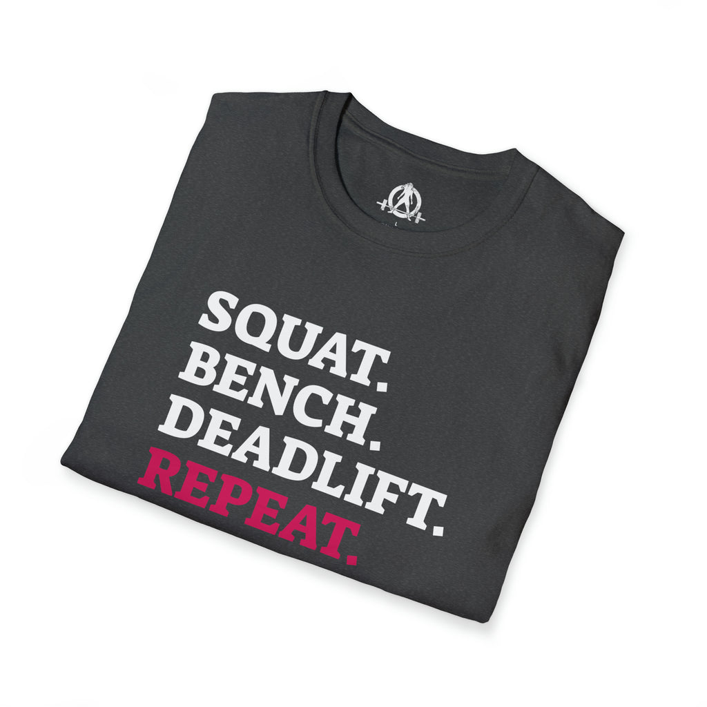 Squat Bench Deadlift Repeat - Unisex Softstyle T-Shirt - Black & Pink - Plain Back