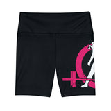 Women's Workout Shorts (AOP) - Black Shorts - Left Full Leg - Color Distressed Logo