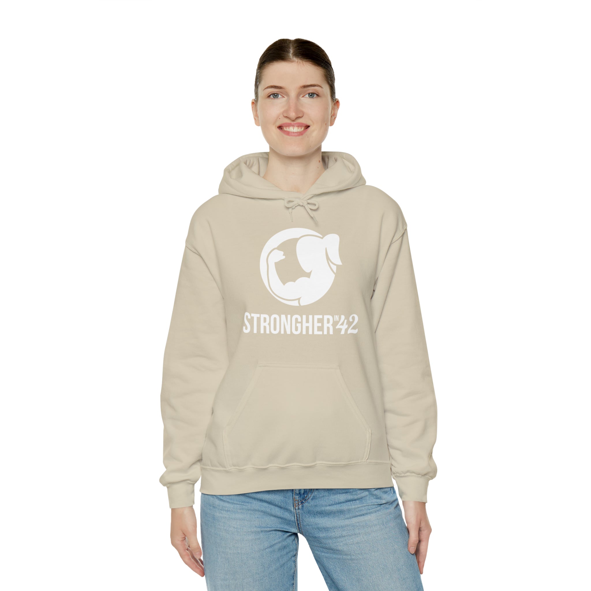 Strong Her in 42 - Classic Logo White - Unisex Heavy Blend Hooded Sweatshirt