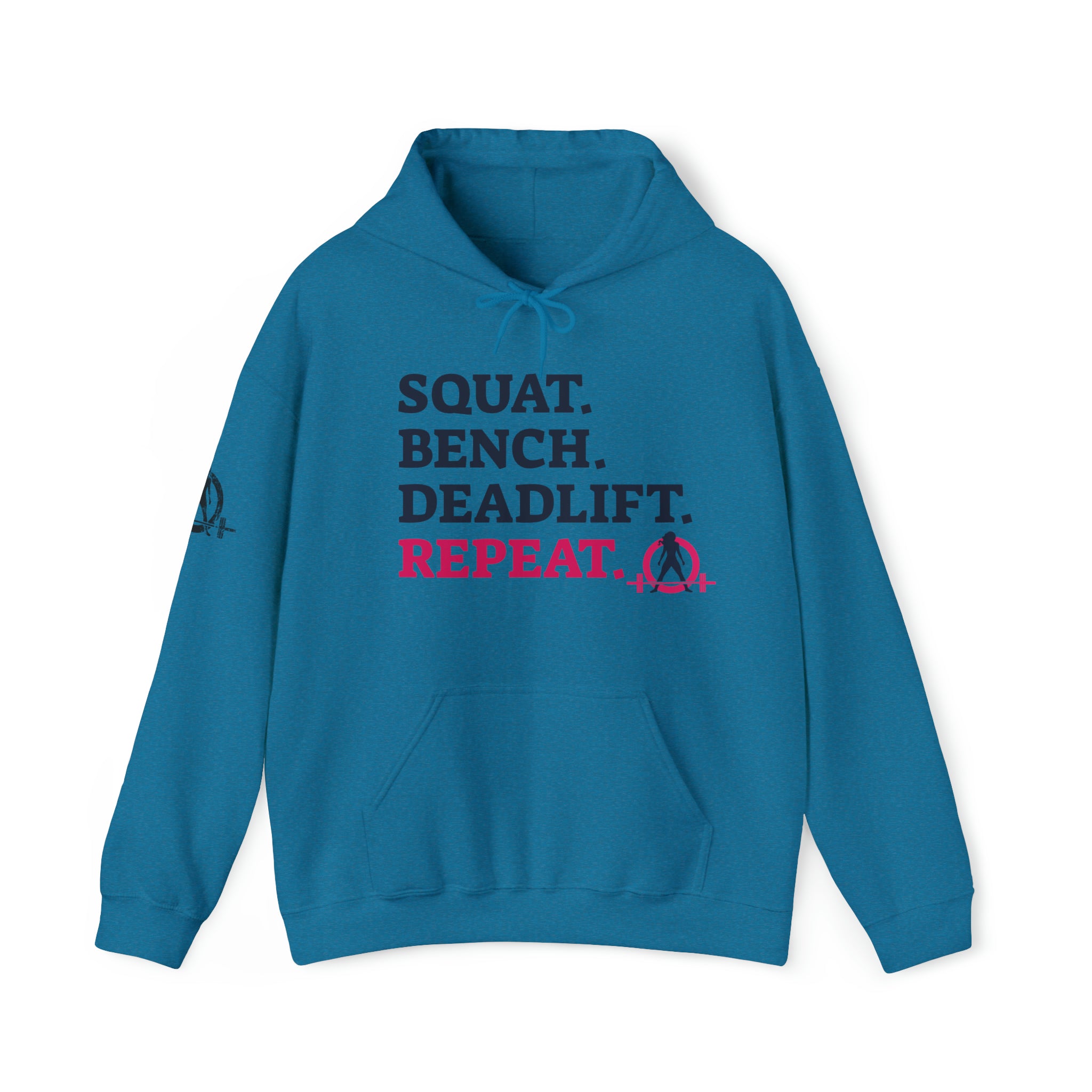 Squat Bench Deadlift Repeat - Unisex Heavy Blend Hooded Sweatshirt - Light WWLW Logo - Pink- Plain Black