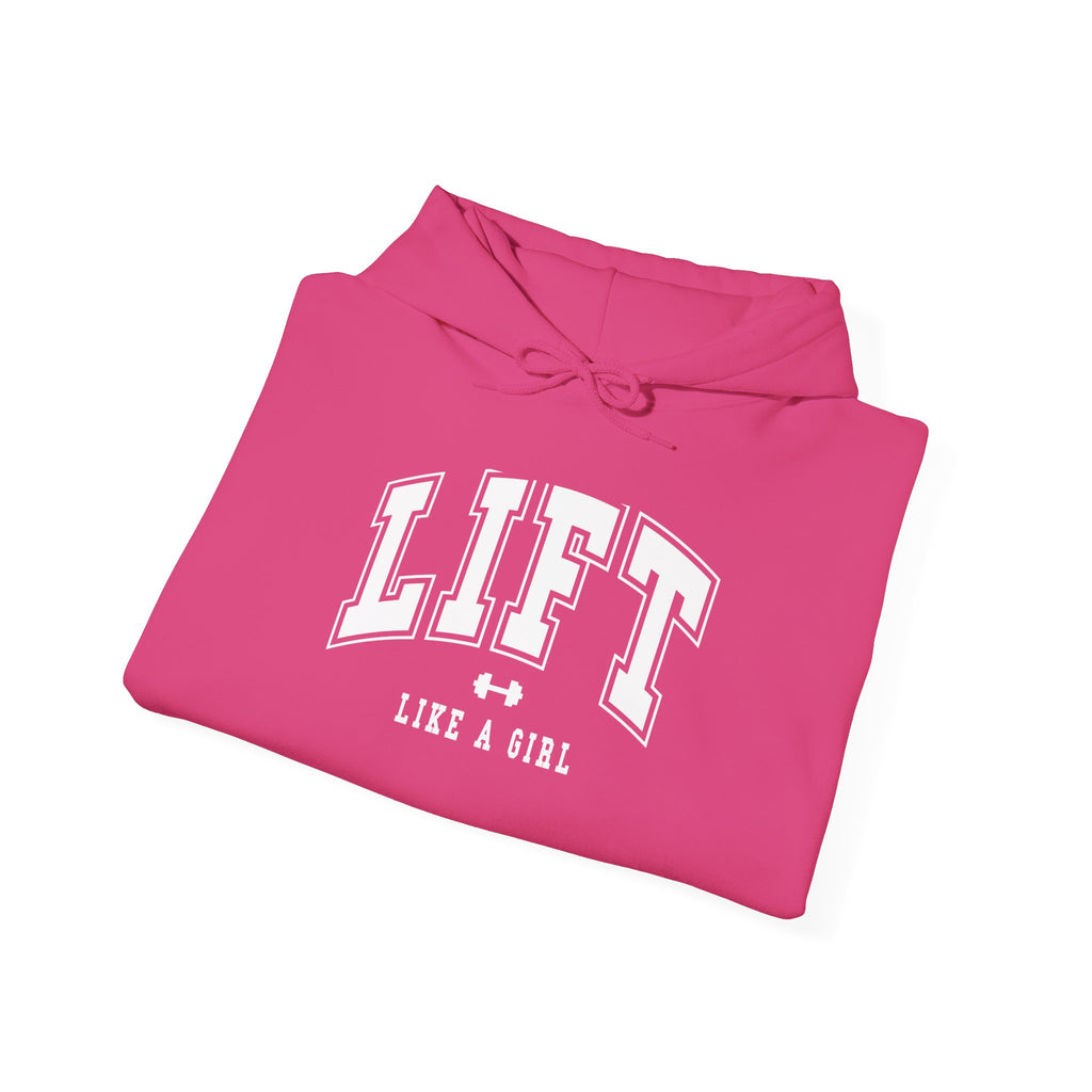 Lift Like.A Girl - Unisex Heavy Blend Hooded Sweatshirt - White Logo on Front & Right Sleeve