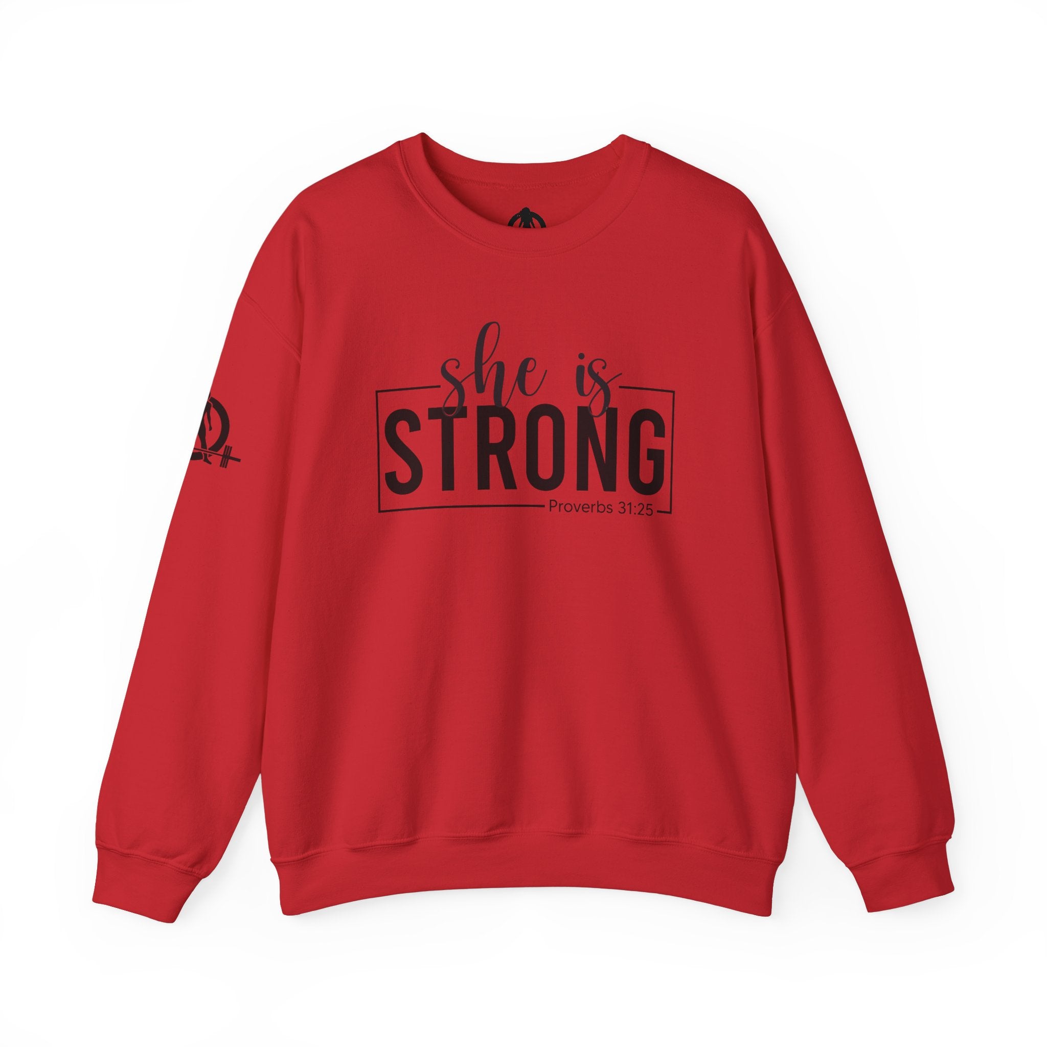 She is STRONG - Unisex Heavy Blend™ Crewneck Sweatshirt - Front Black Logo - Plain Back