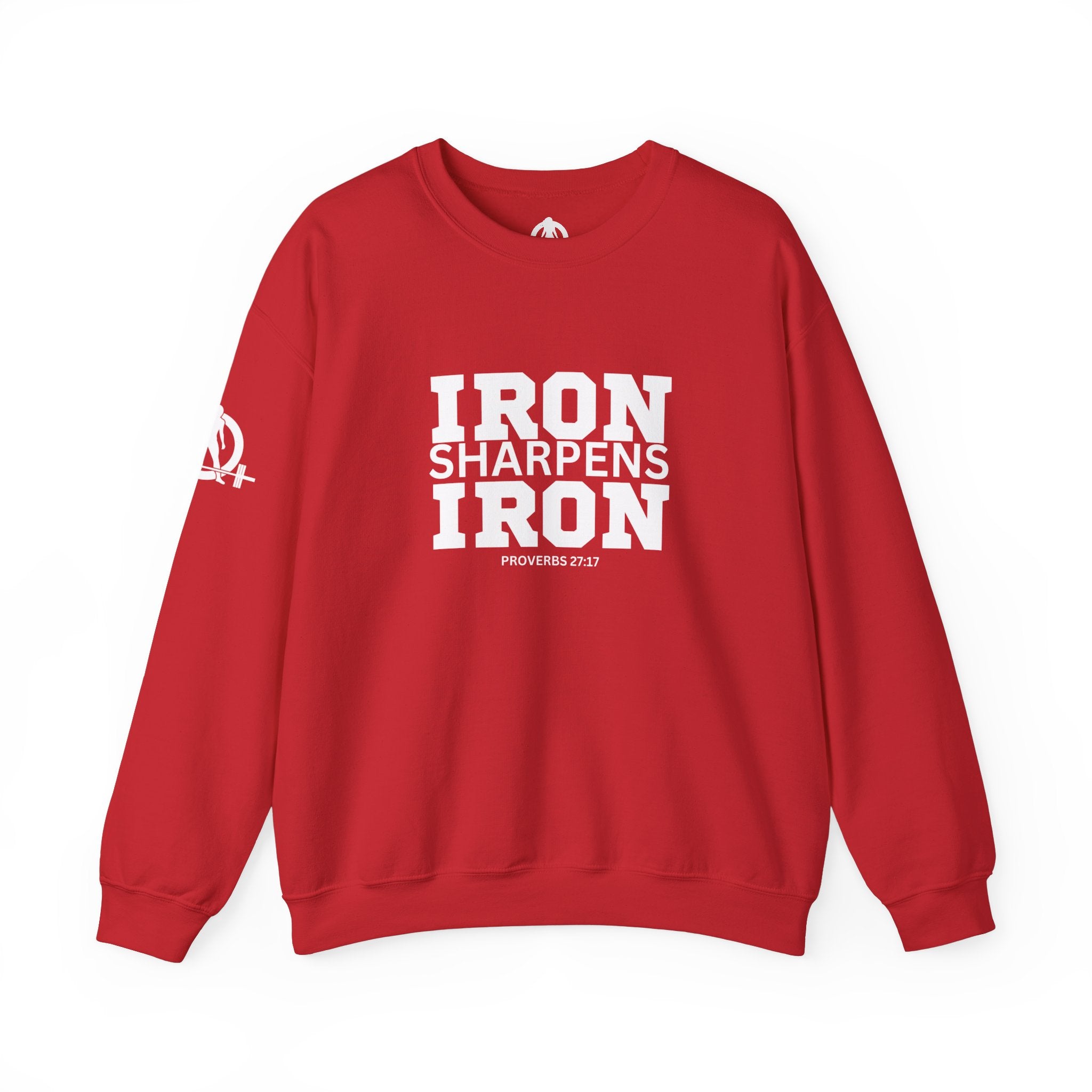 Iron Sharpens Iron - Unisex Heavy Blend™ Crewneck Sweatshirt - Front White Logo - Plain Back