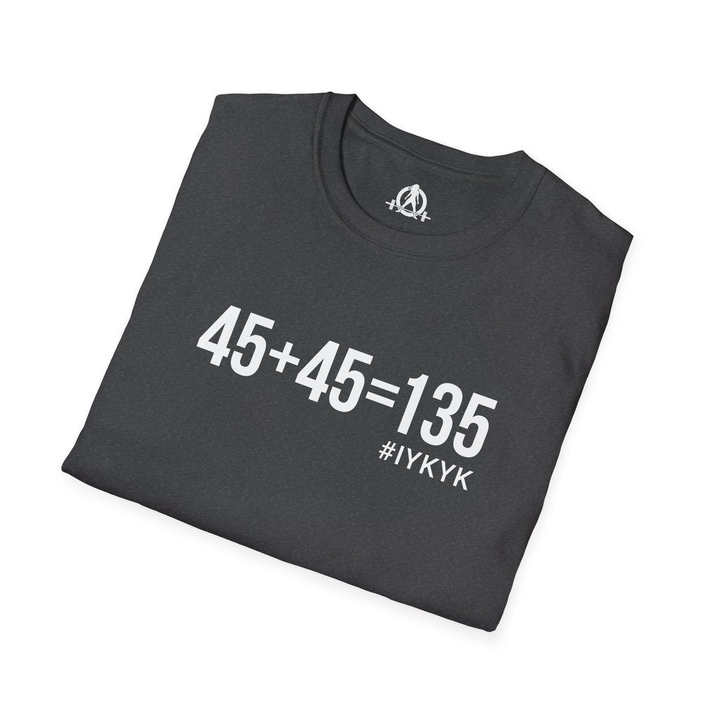 45 + 45 = 135  - Unisex Softstyle T-Shirt - Print on Front Plain Back