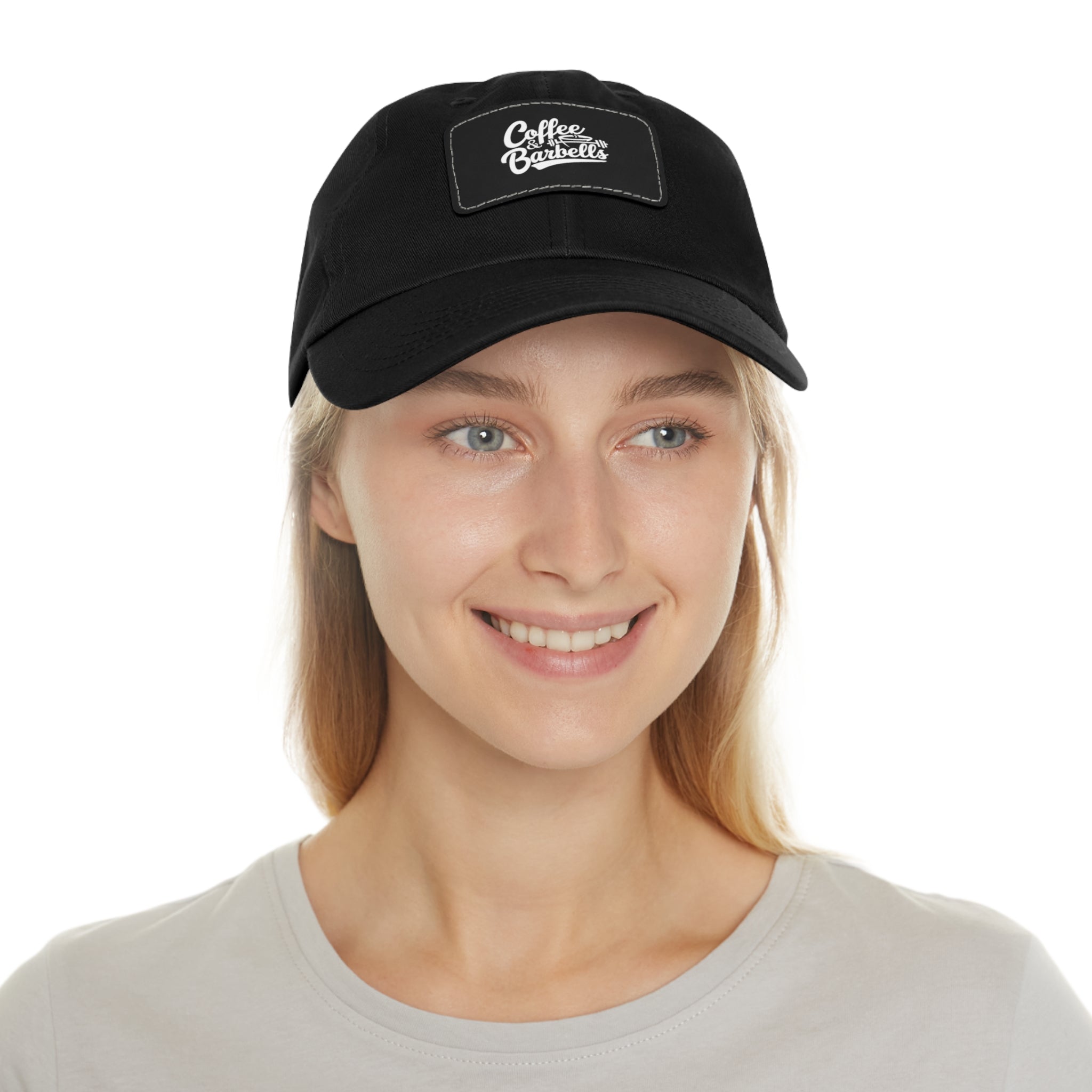 Coffee & Barbells - Dad Hat with Leather Patch (Rectangle) - White Font