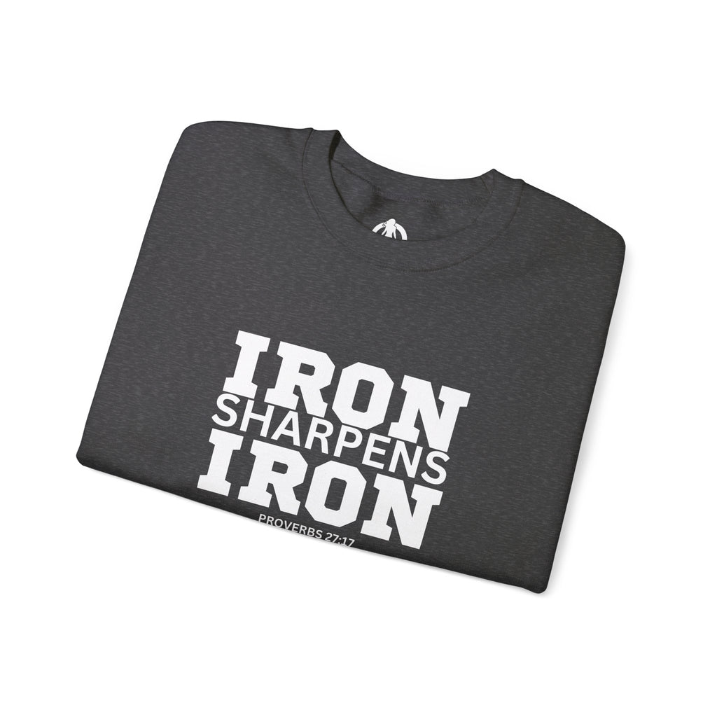 Iron Sharpens Iron - Unisex Heavy Blend™ Crewneck Sweatshirt - Front White Logo - Plain Back