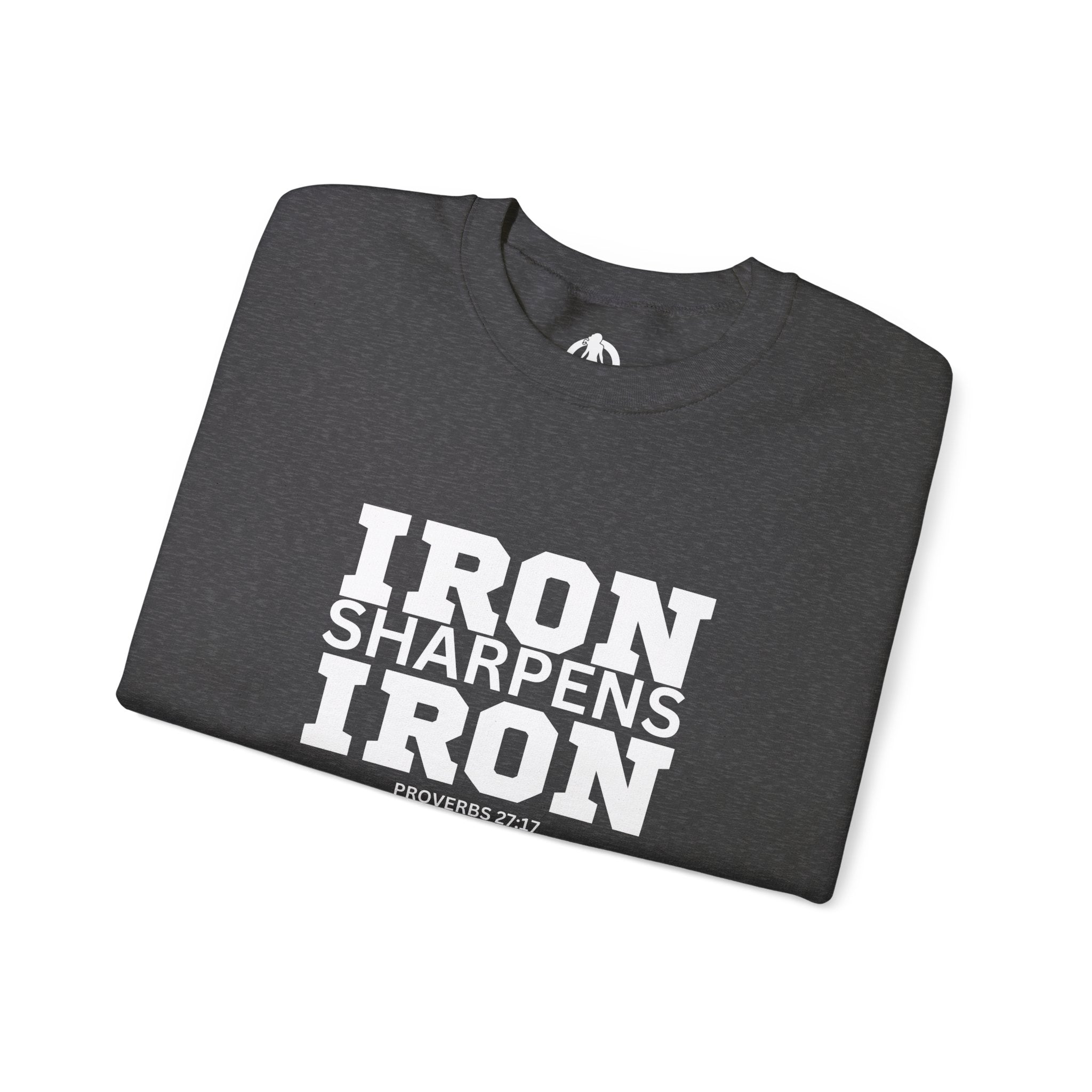 Iron Sharpens Iron - Unisex Heavy Blend™ Crewneck Sweatshirt - Front White Logo - Plain Back