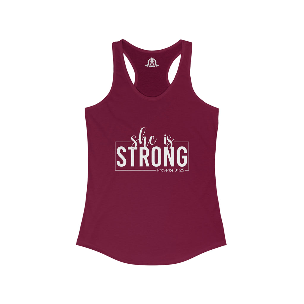 She is STRONG - Women's Ideal Racerback Tank - Front White Logo Plain Back