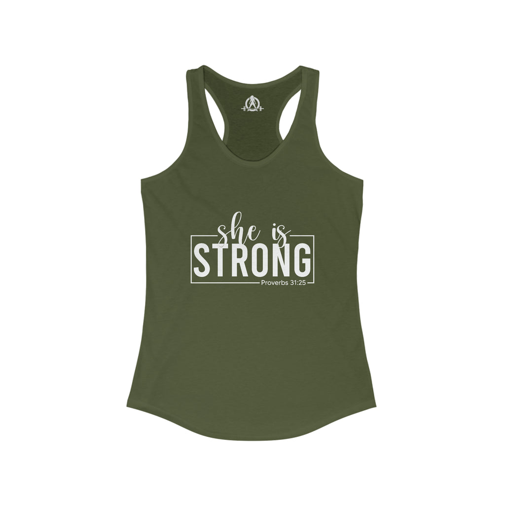 She is STRONG - Women's Ideal Racerback Tank - Front White Logo Plain Back