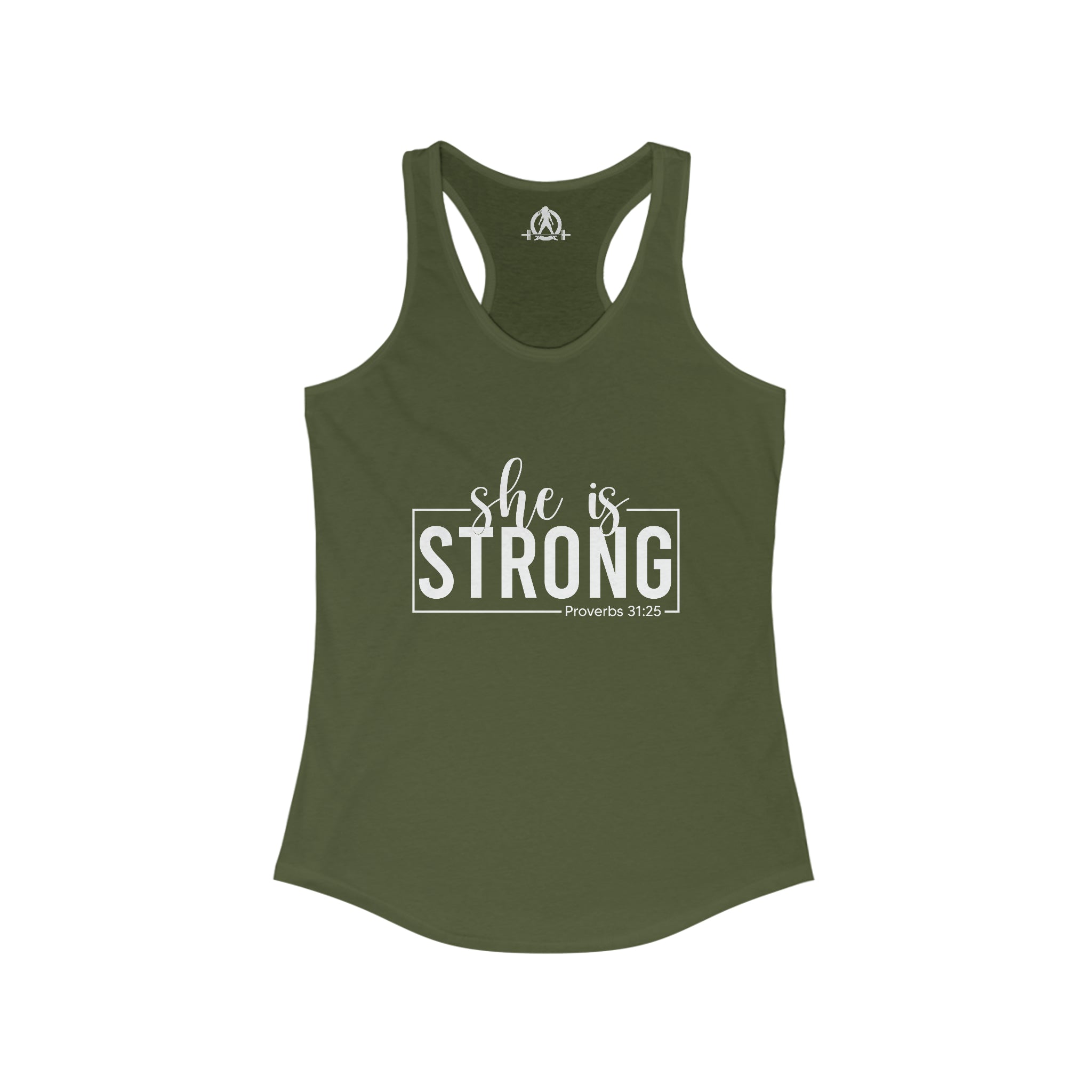 She is STRONG - Women's Ideal Racerback Tank - White Font - Print on Front - Plain Back
