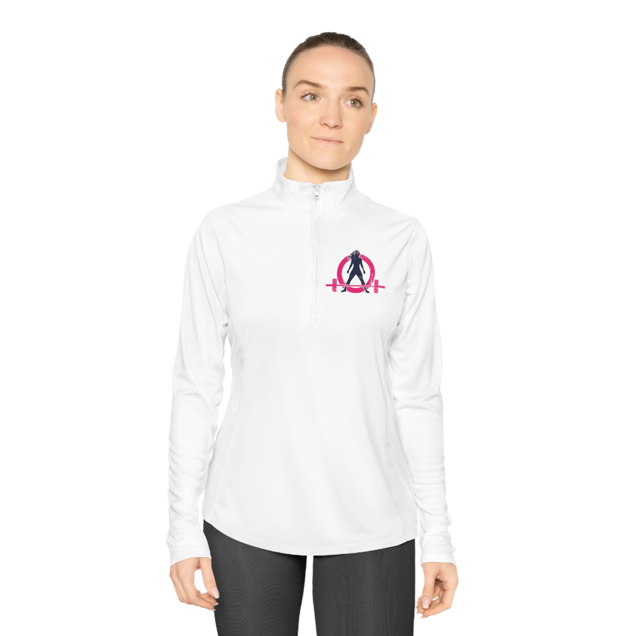 Ladies Quarter-Zip Pullover - White Distressed Logo
