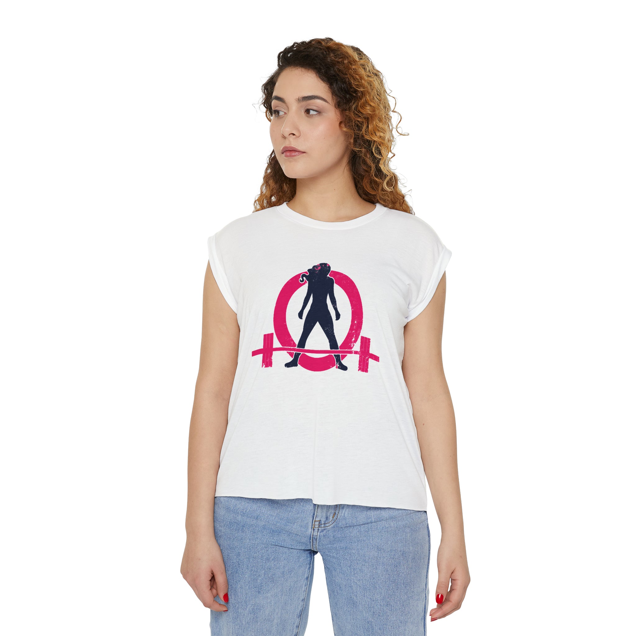 Women’s Flowy Rolled Cuffs Muscle Tee - Light Distressed Logo