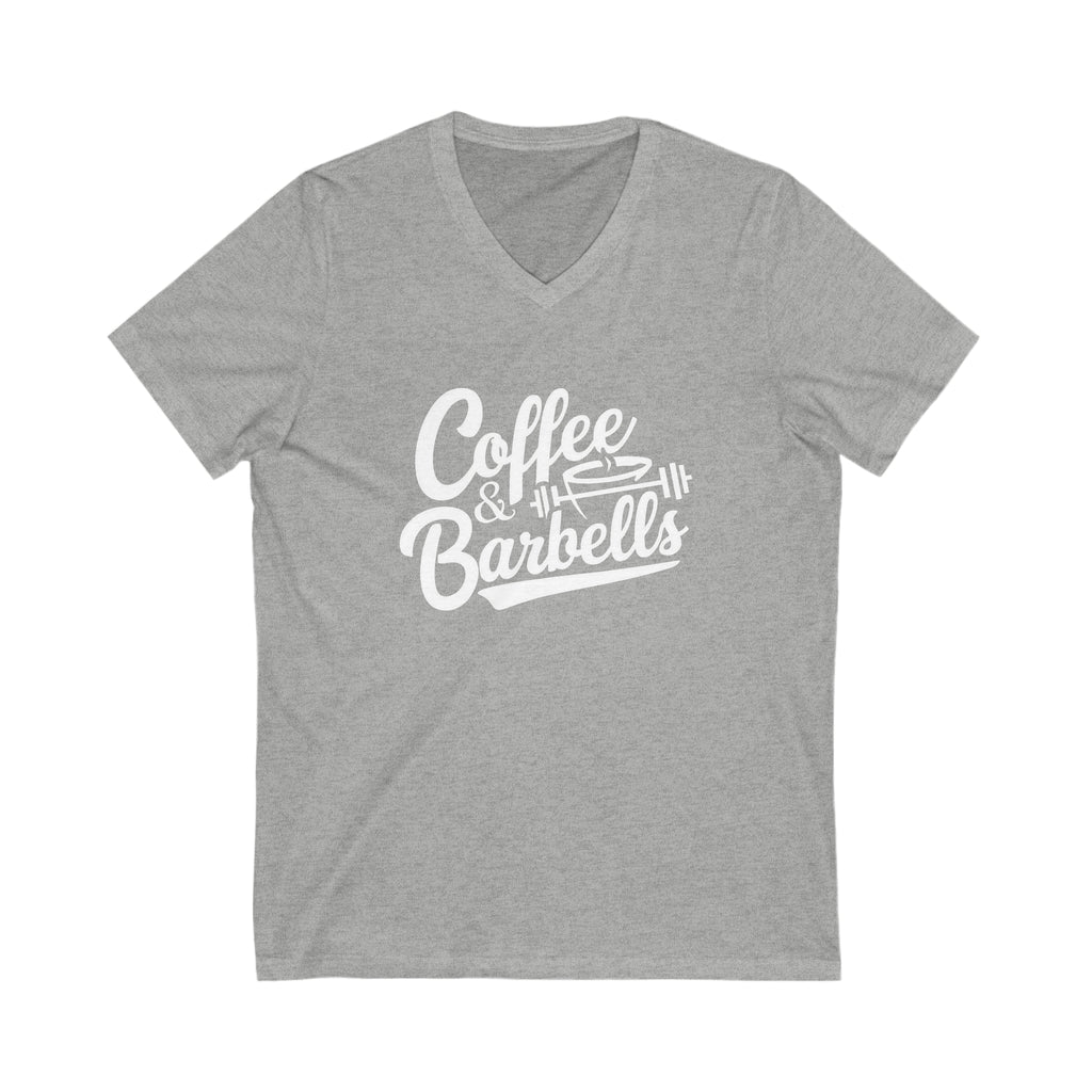 Coffee & Barbells - Unisex Jersey Short Sleeve V-Neck Tee - White Logo Plain Back