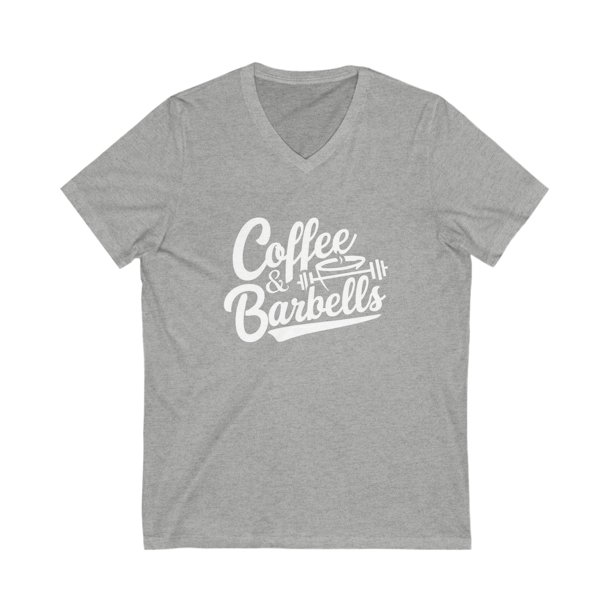 Coffee & Barbells - Unisex Jersey Short Sleeve V-Neck Tee - White Logo Plain Back