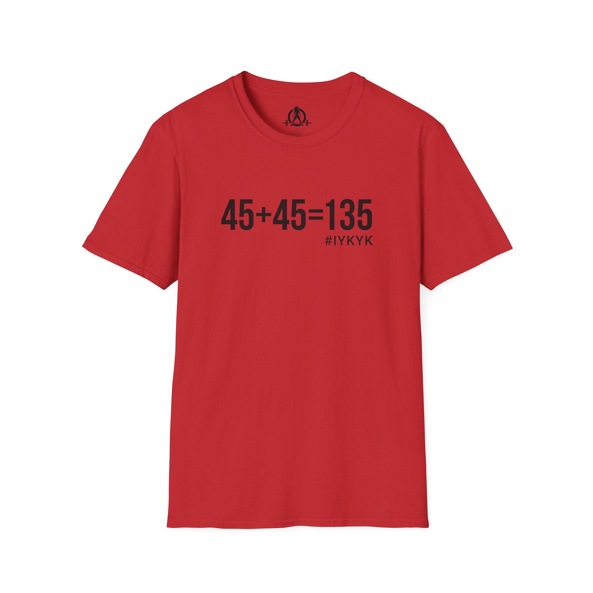 45 + 45 = 135 - Unisex Softstyle T-Shirt - Black Print on Front Plain Back