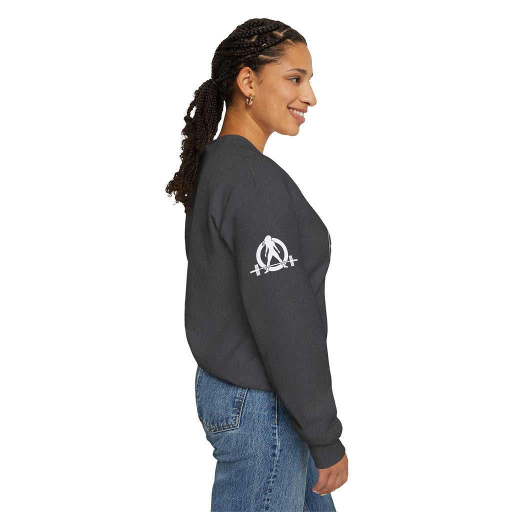 She is STRONG - Unisex Heavy Blend™ Crewneck Sweatshirt - Front White Logo - Plain Back