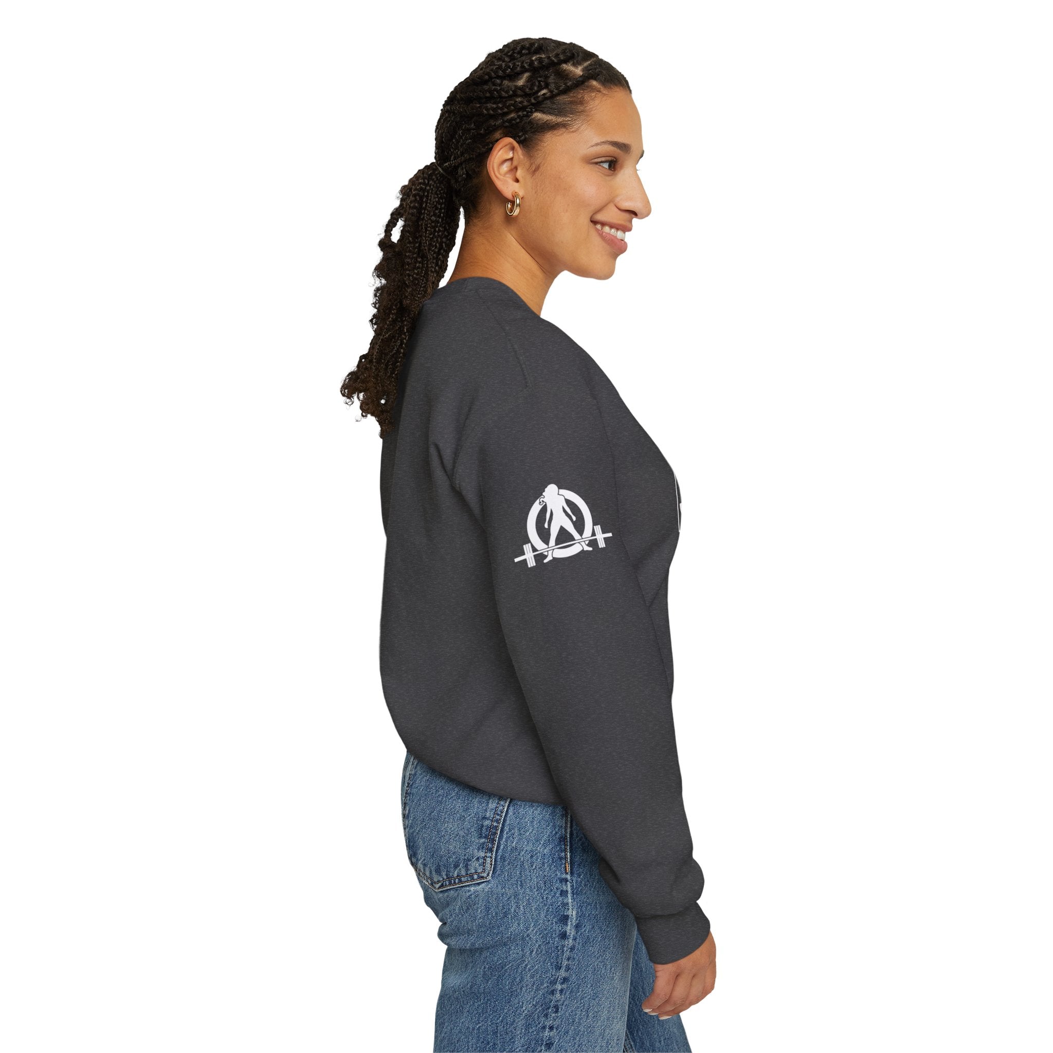 She is STRONG - Unisex Heavy Blend™ Crewneck Sweatshirt - Front White Logo - Plain Back