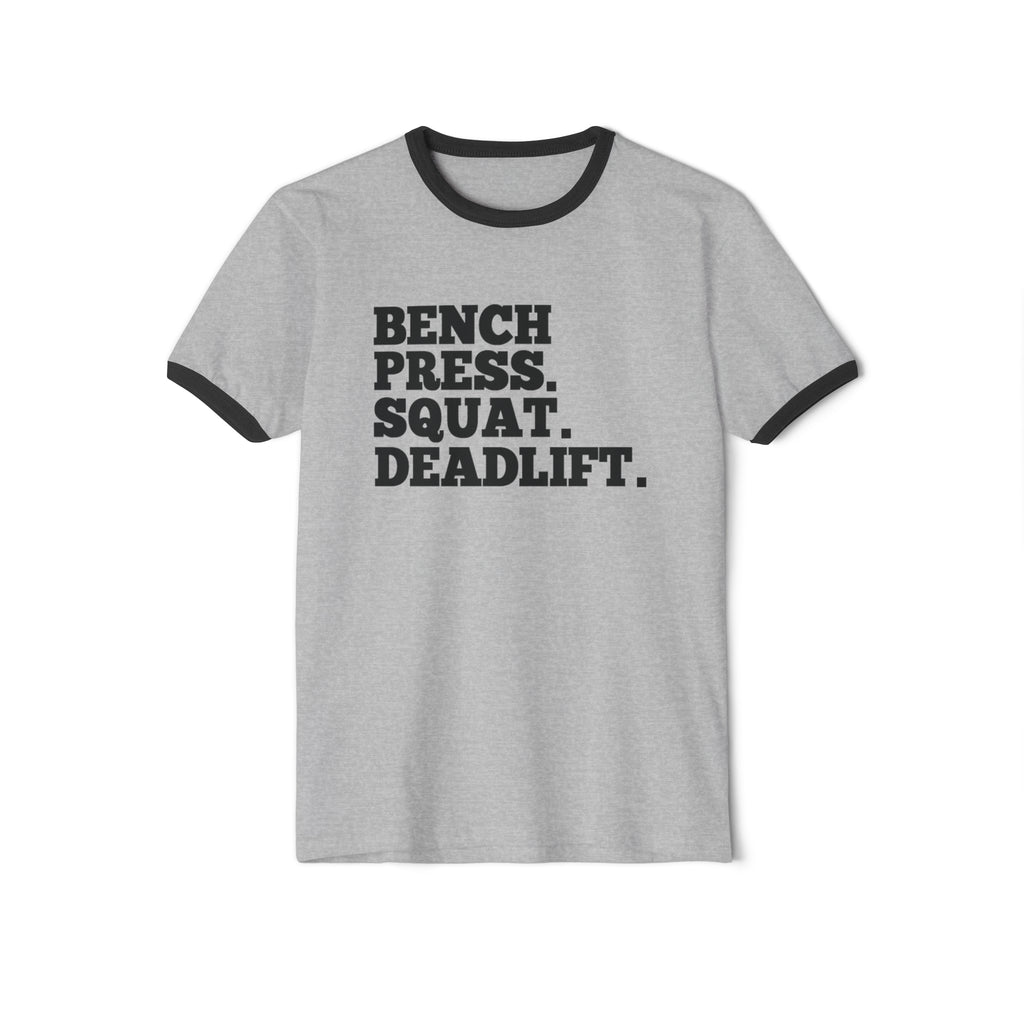 Bench Squat Deadlift  - Unisex Cotton Ringer T-Shirt - Black Classic Logo Front Plain Back