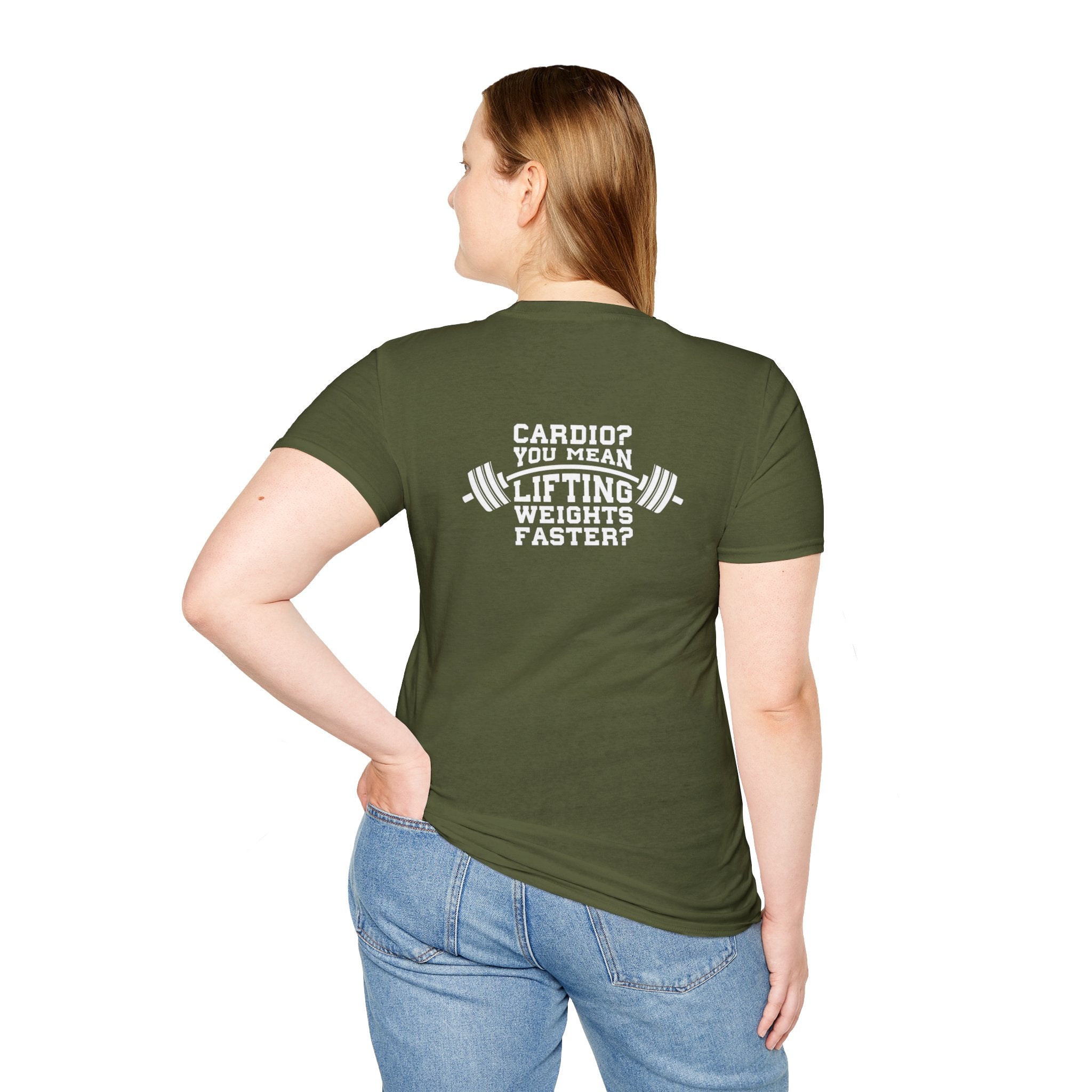 Cardio = Lift Weights Faster - Unisex Softstyle T-Shirt - White Logo Front & Back