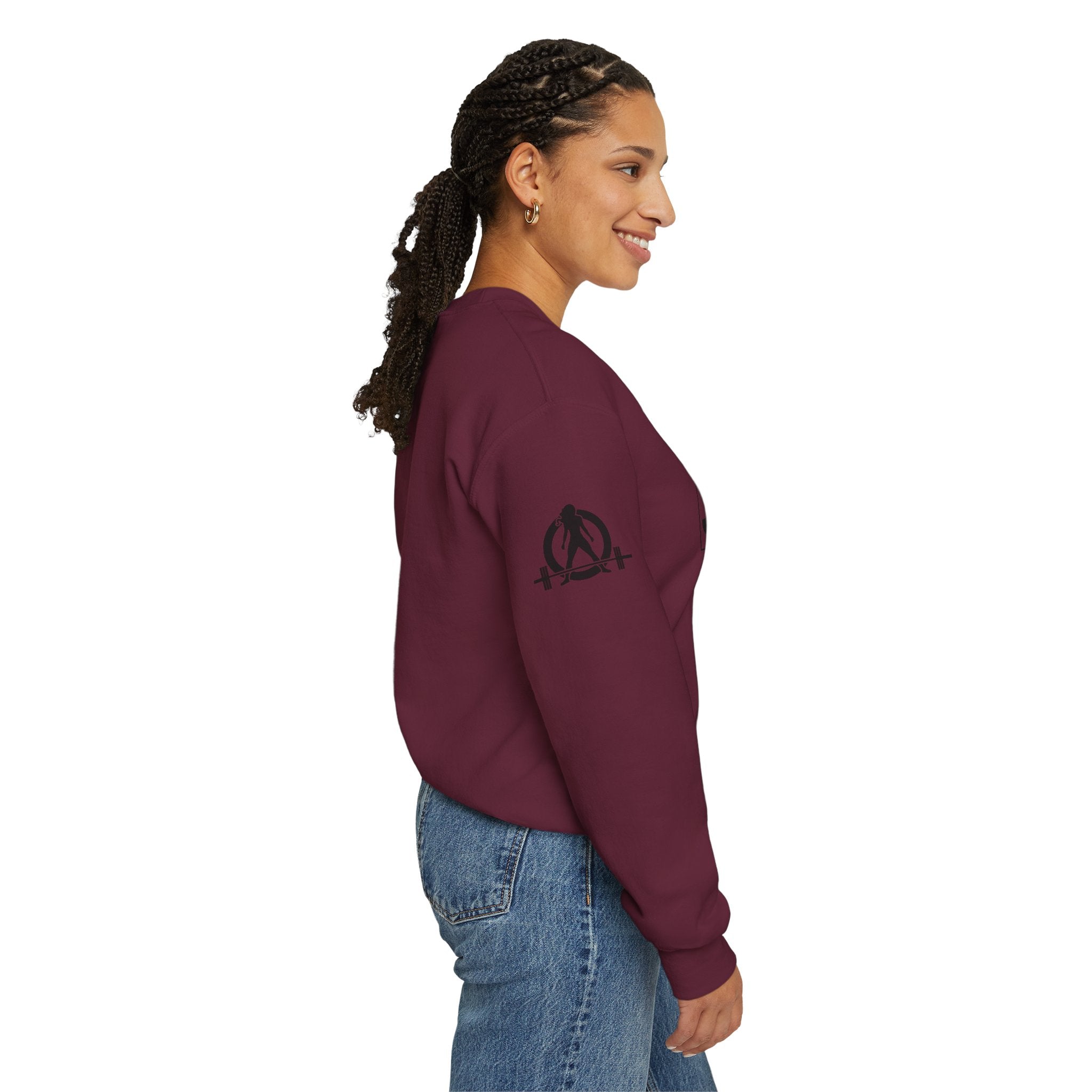 She is STRONG - Unisex Heavy Blend™ Crewneck Sweatshirt - Front Black Logo - Plain Back