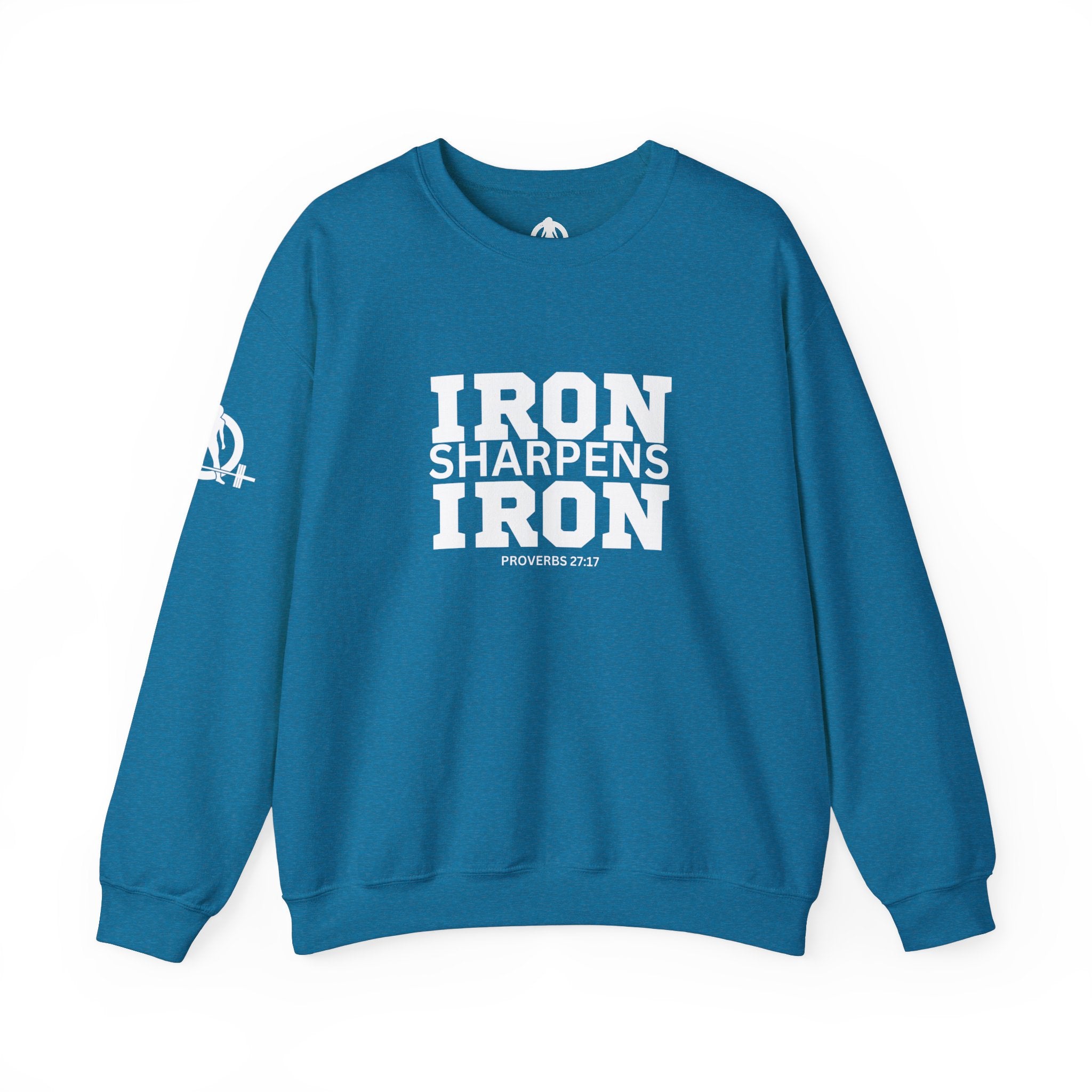 Iron Sharpens Iron - Unisex Heavy Blend™ Crewneck Sweatshirt - Front White Logo - Plain Back