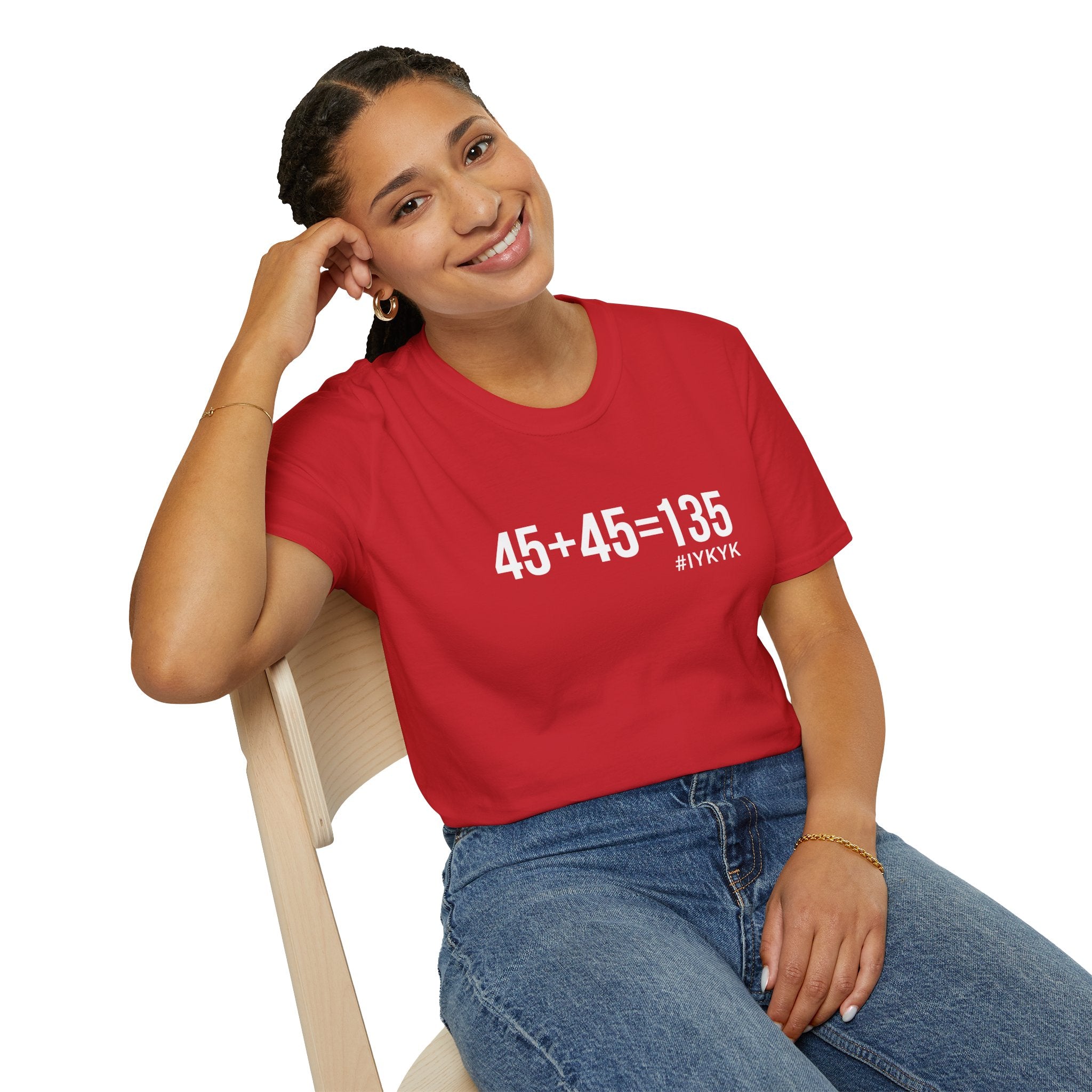 45 + 45 = 135  - Unisex Softstyle T-Shirt - Print on Front Plain Back