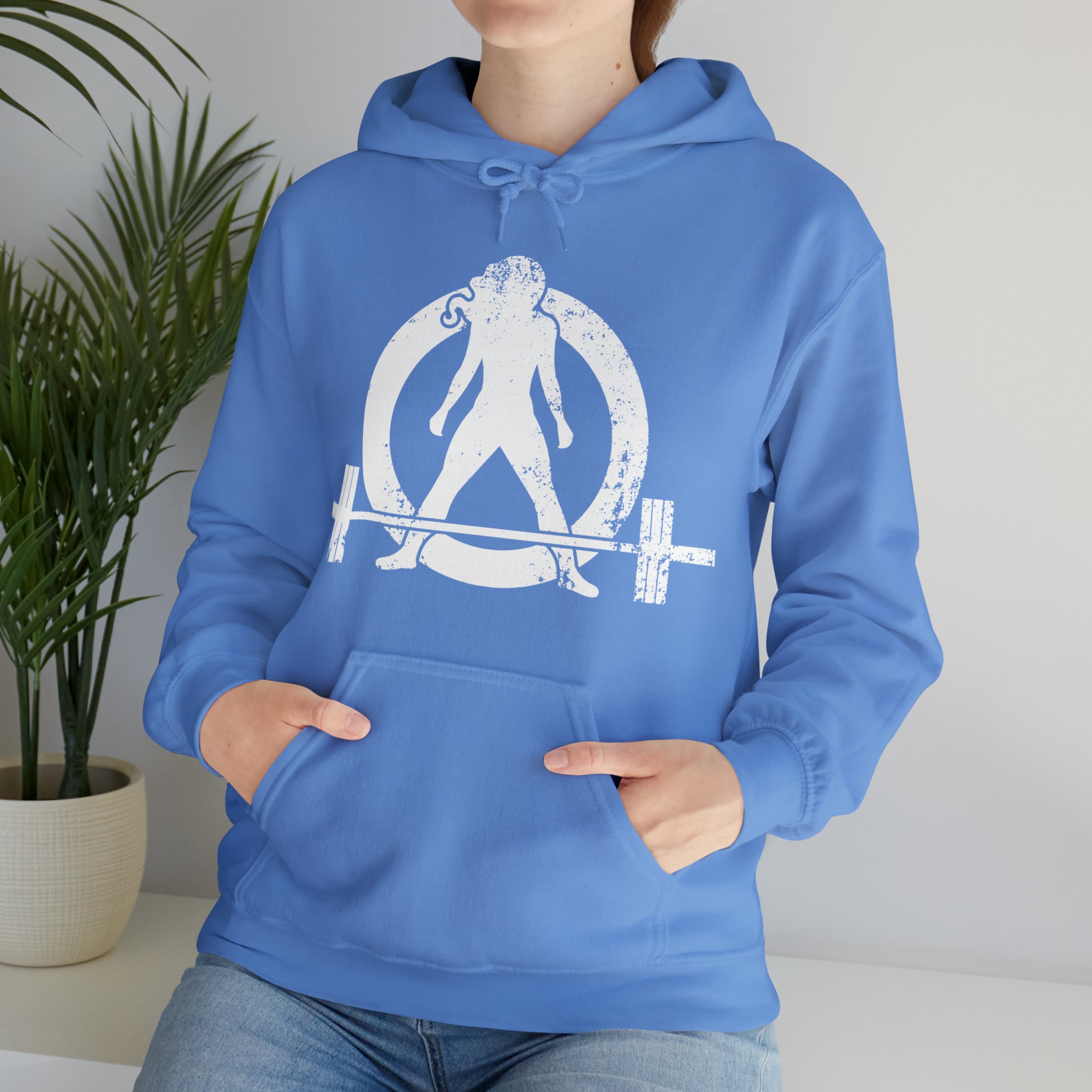 COFFEE and a Barbell  - Distressed White Logo  - Unisex Heavy Blend Hooded Sweatshirt