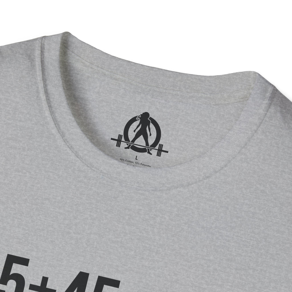 45 + 45 = 135 - Unisex Softstyle T-Shirt - Black Print on Front Plain Back