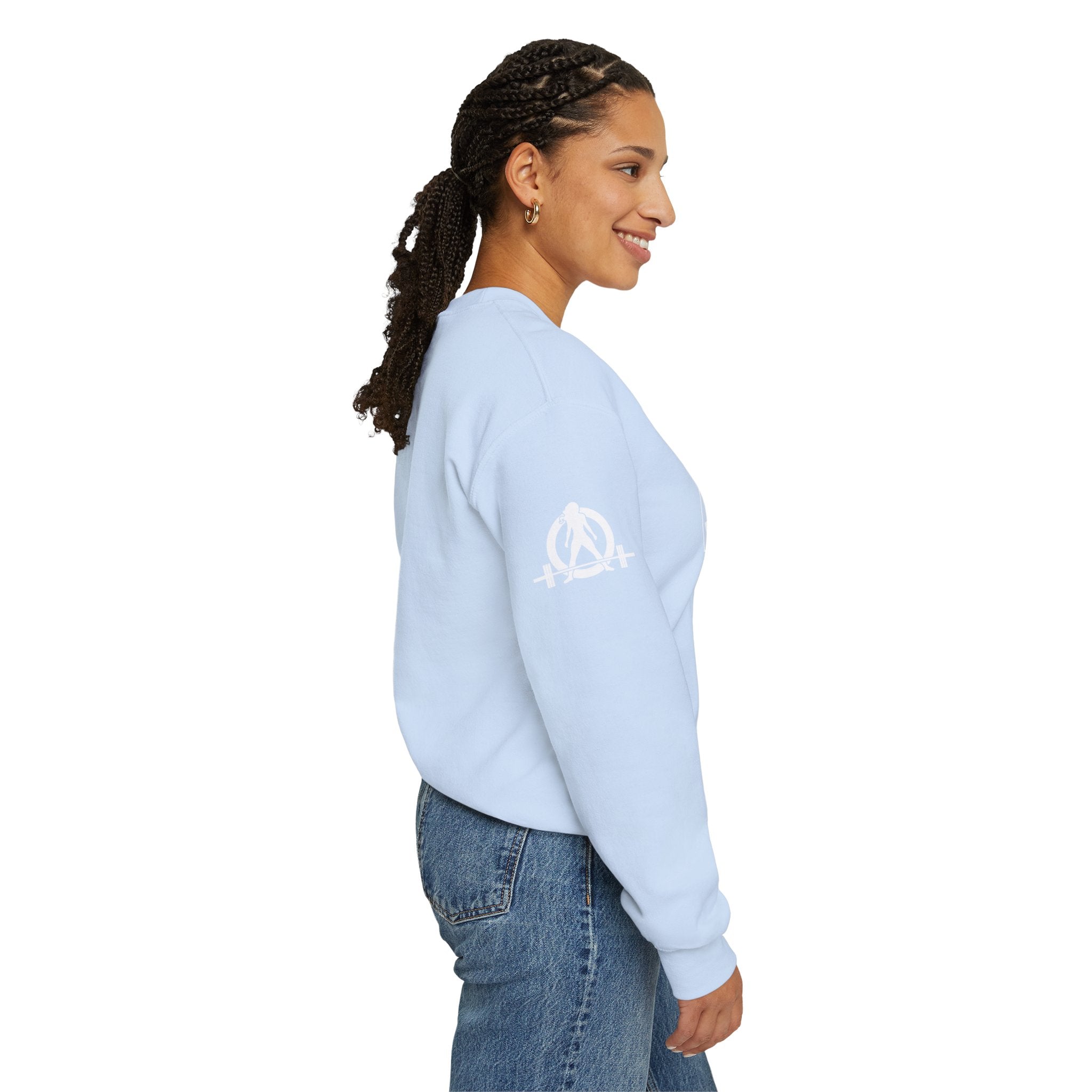 She is STRONG - Unisex Heavy Blend™ Crewneck Sweatshirt - Front White Logo - Plain Back