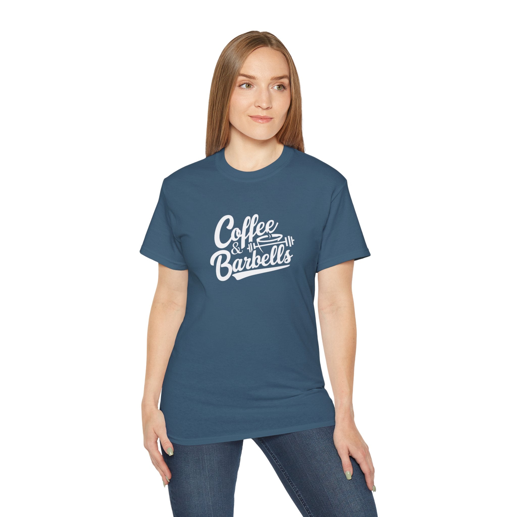 Coffee & Barbells - Unisex Ultra Cotton Tee - Front White Logo - Plain Back