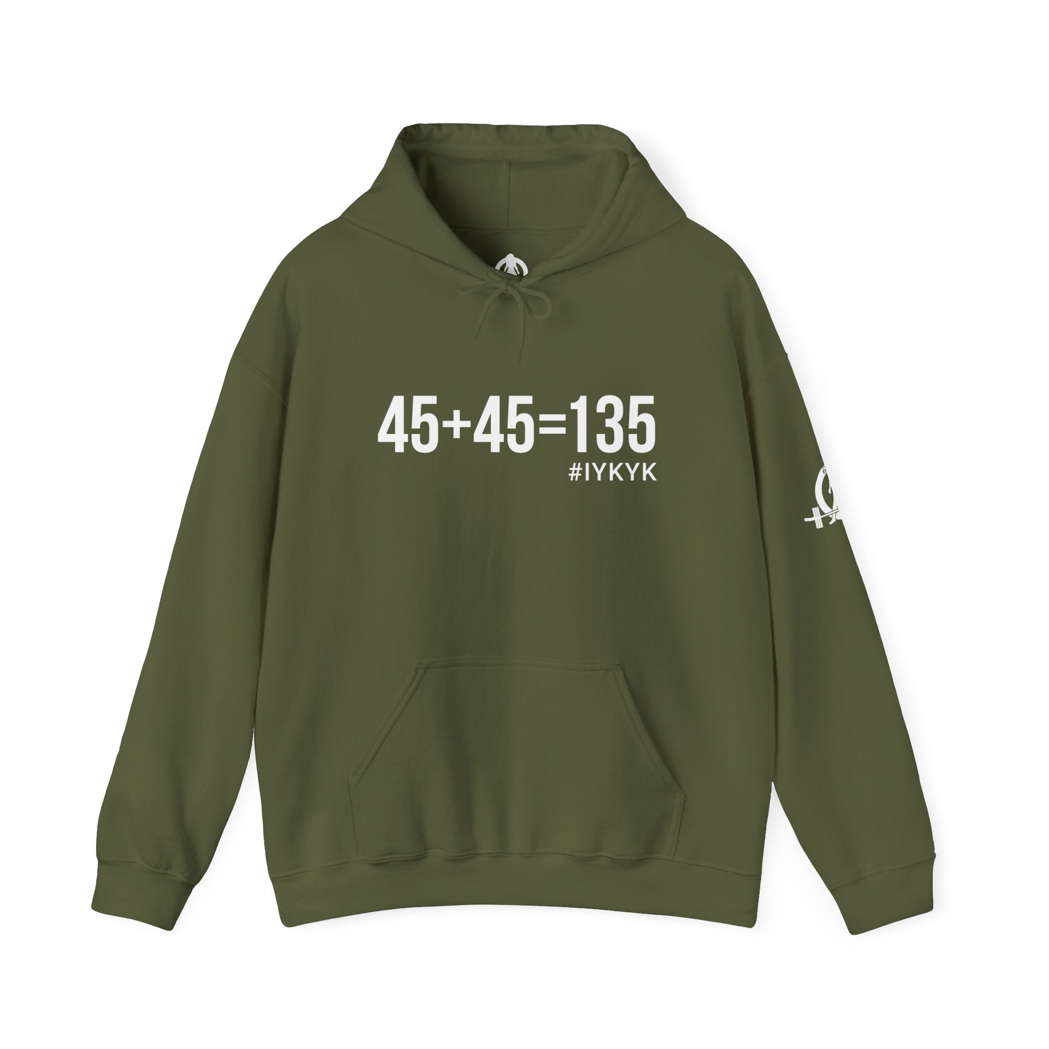 45 + 45 = 135  - Unisex Heavy Blend Hooded Sweatshirt  - White Print on Front & Arm