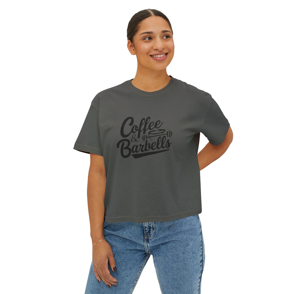 Coffee & Barbells - Women's Boxy Tee - Black Logo Front Plain Back