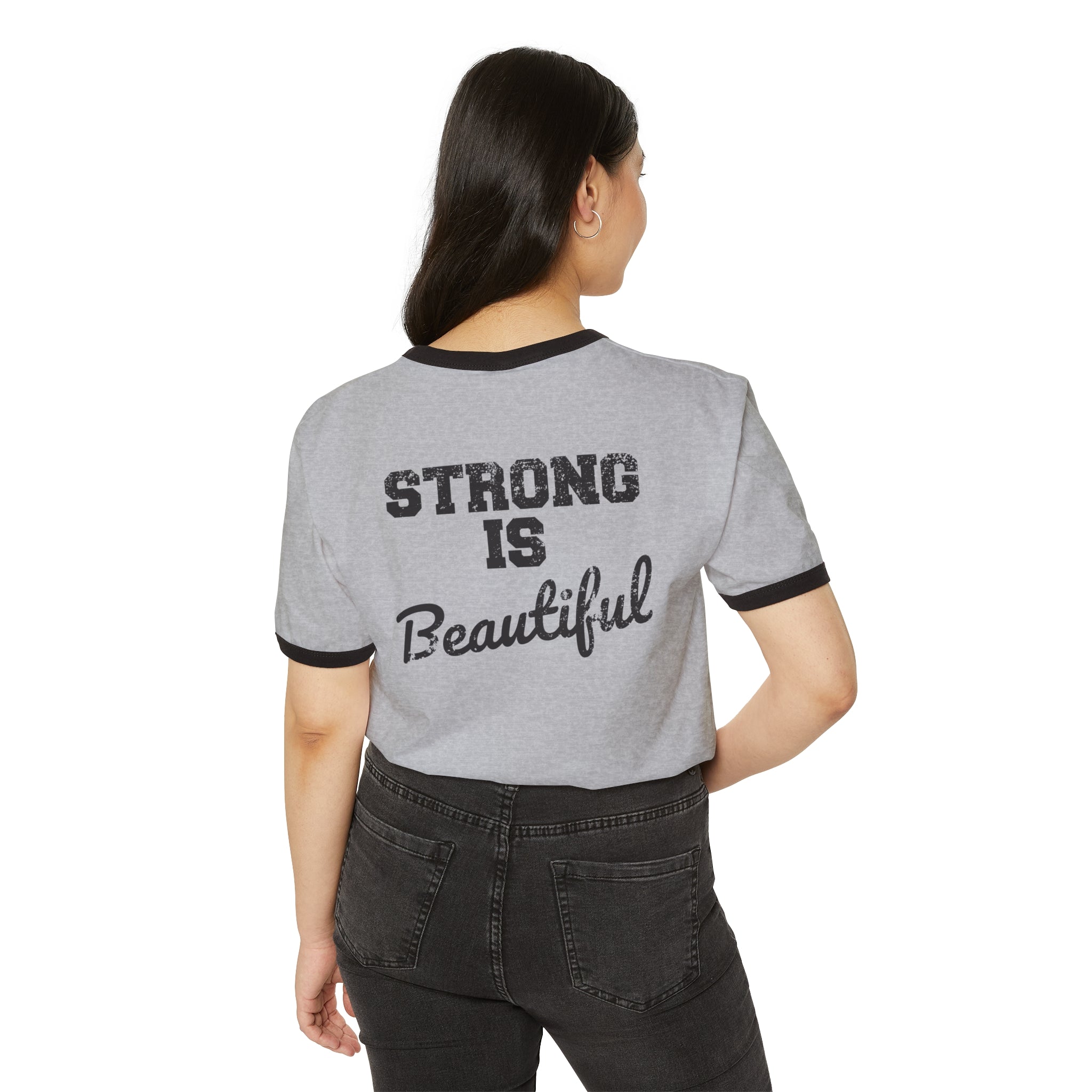Strong is Beautiful - Unisex Cotton Ringer T-Shirt - Distressed Black Logo Front & Back
