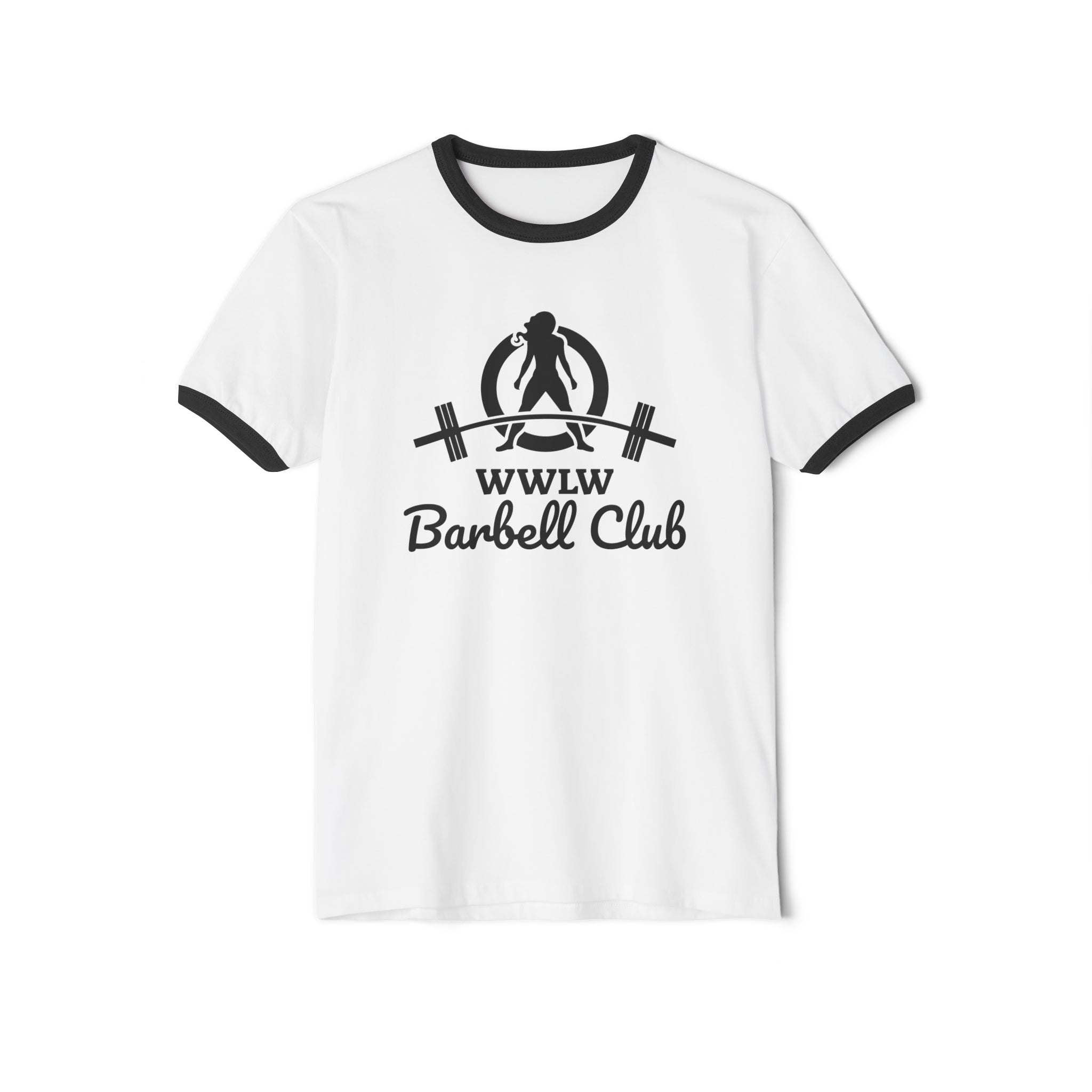 WWLW Barbell Club - Unisex Cotton Ringer T-Shirt - Black Logo Plain Back