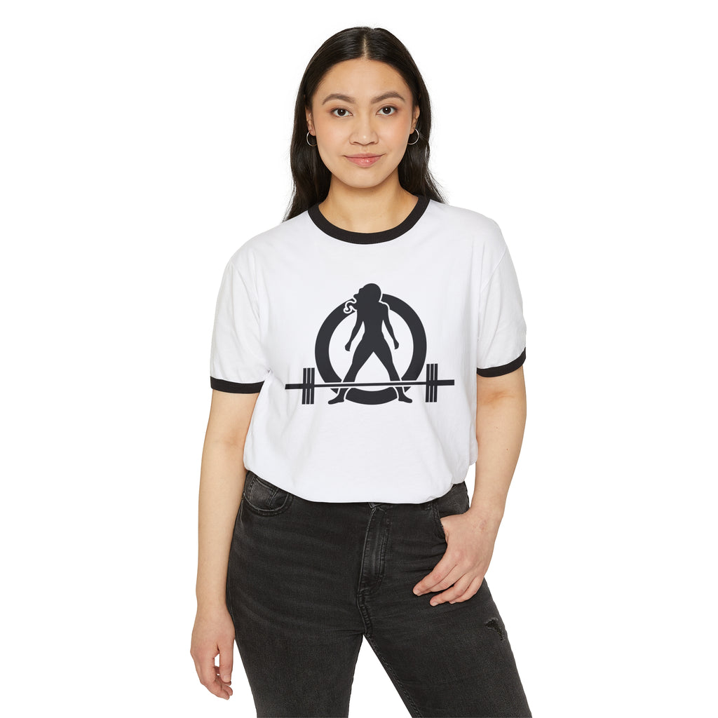 45 + 45 - Unisex Cotton Ringer T-Shirt - Black Logo Front & Back