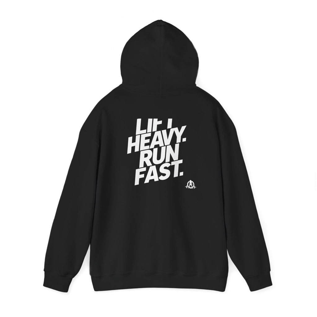 Lift Heavy Run Fast - Unisex Heavy Blend Hooded Sweatshirt - Front White & Back Logo